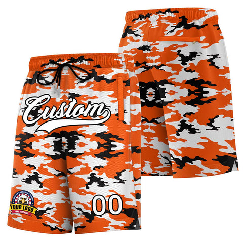 Custom Orange White Black Camo Basketball Shorts