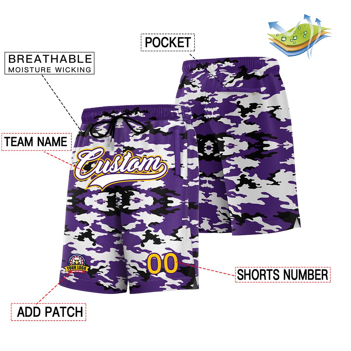 Short de basket-ball camouflage violet blanc violet personnalisé