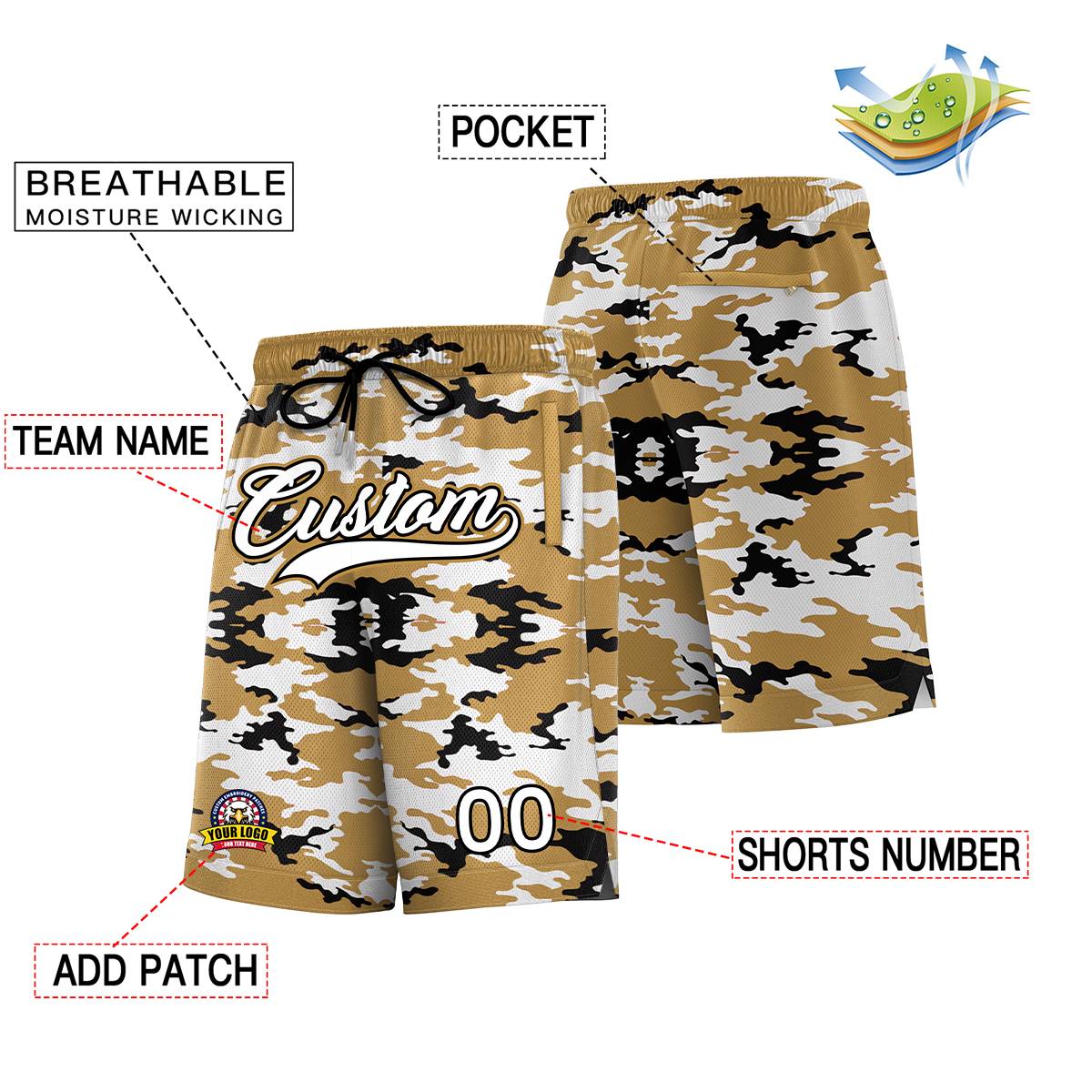 Custom Gold White Black Camo Basketball Shorts