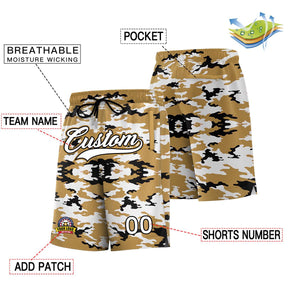 Custom Gold White Black Camo Basketball Shorts