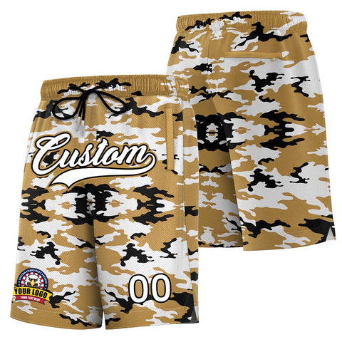 Custom Gold White Black Camo Basketball Shorts