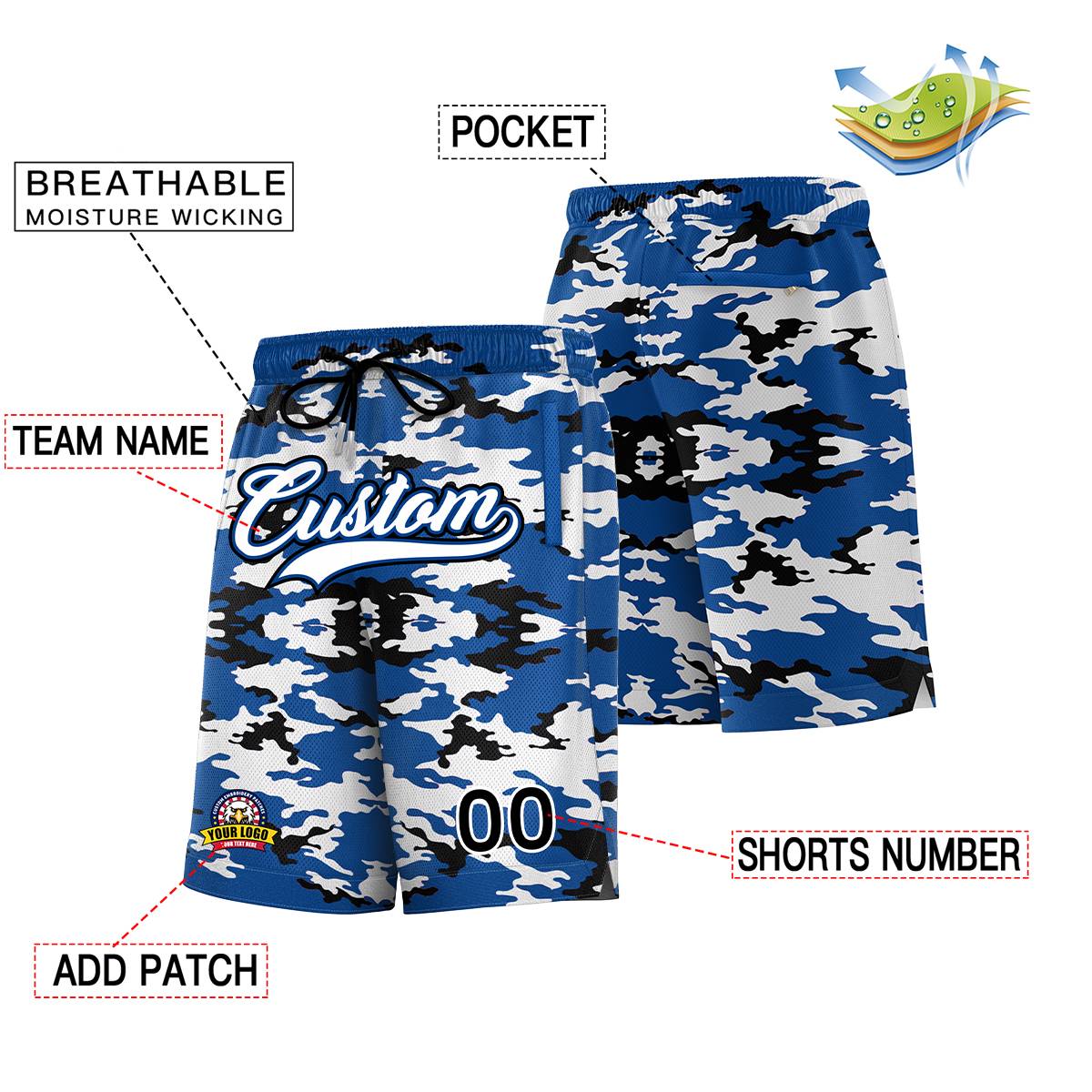 Short de basket-ball Royal White Royal Camo personnalisé