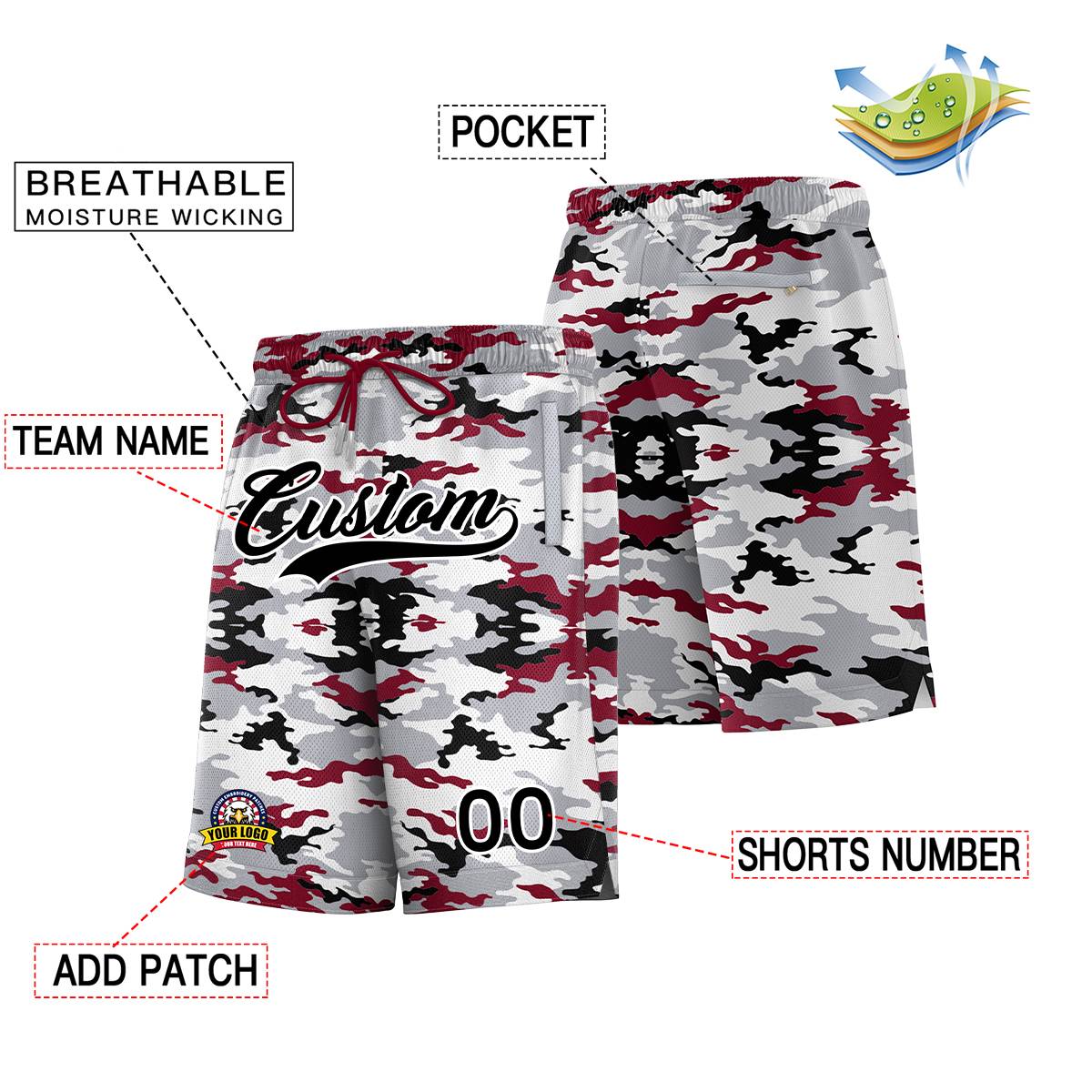 Custom White Black White Camo Basketball Shorts