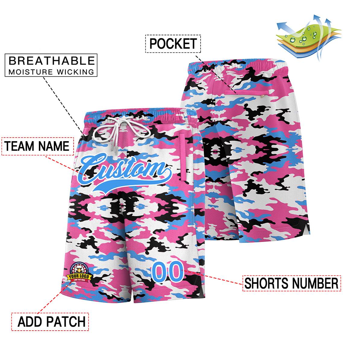 Short de basket-ball camouflage rose bleu poudre personnalisé