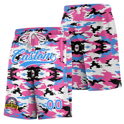 Custom Pink Powder Blue White Camo Basketball Shorts