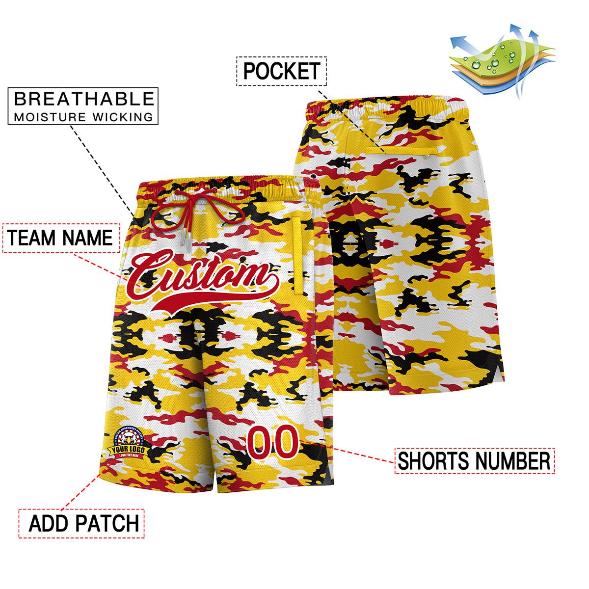 Short de basket-ball camouflage jaune rouge blanc personnalisé