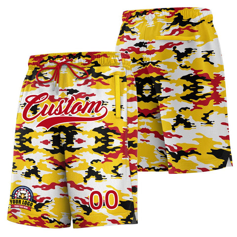 Custom Yellow Red White Camo Basketball Shorts