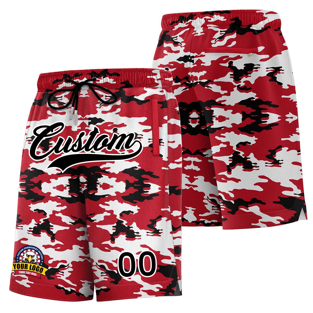 Short de basket-ball camouflage rouge noir blanc personnalisé