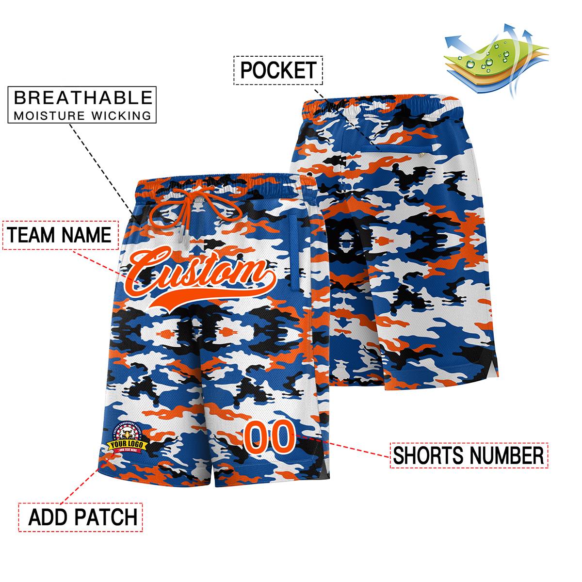 Short de basket-ball personnalisé Royal Orange White Camo