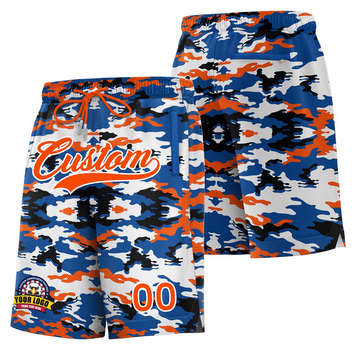 Custom Royal Orange White Camo Basketball Shorts