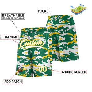 Custom Green White Gold Camo Basketball Shorts