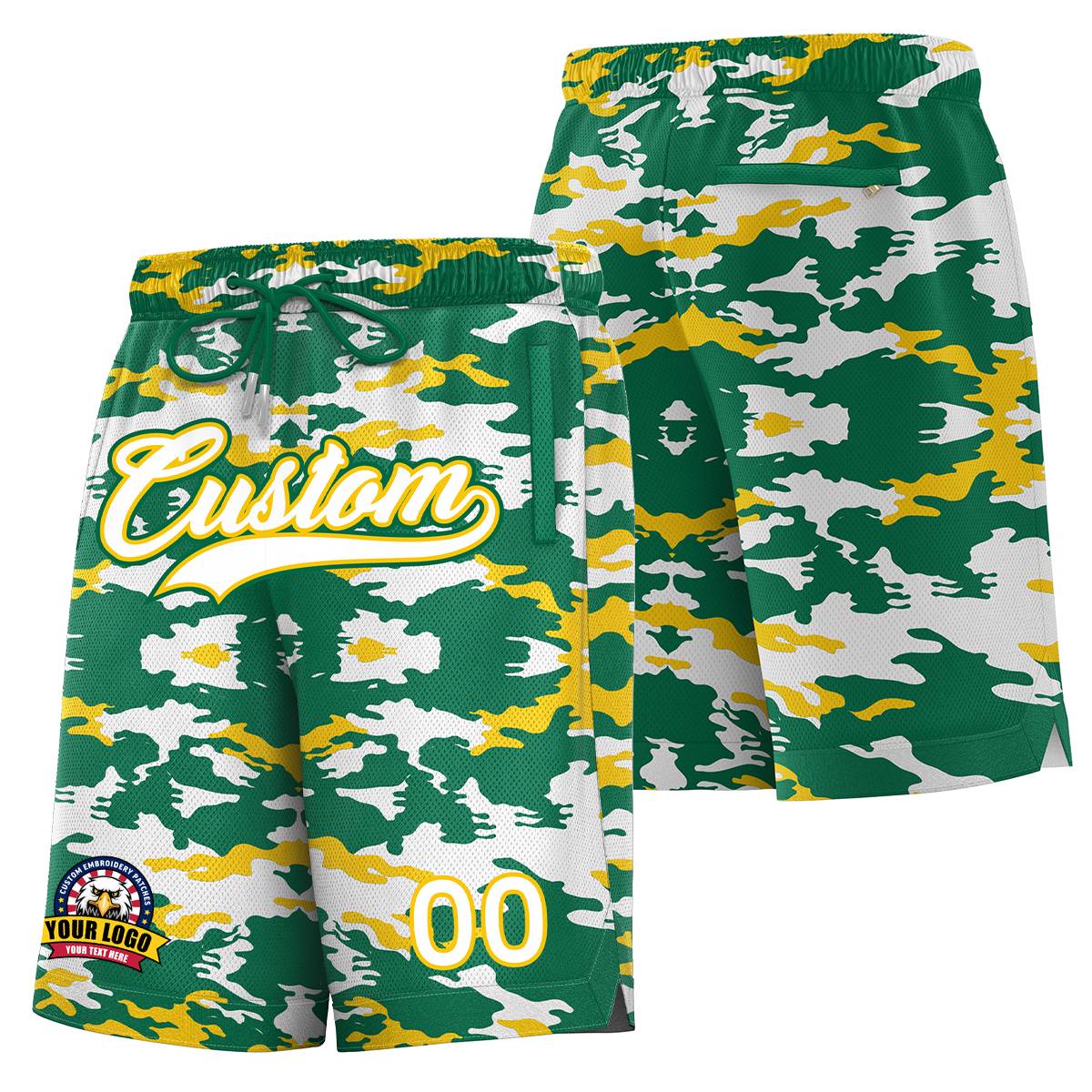 Short de basket-ball camouflage personnalisé vert blanc or