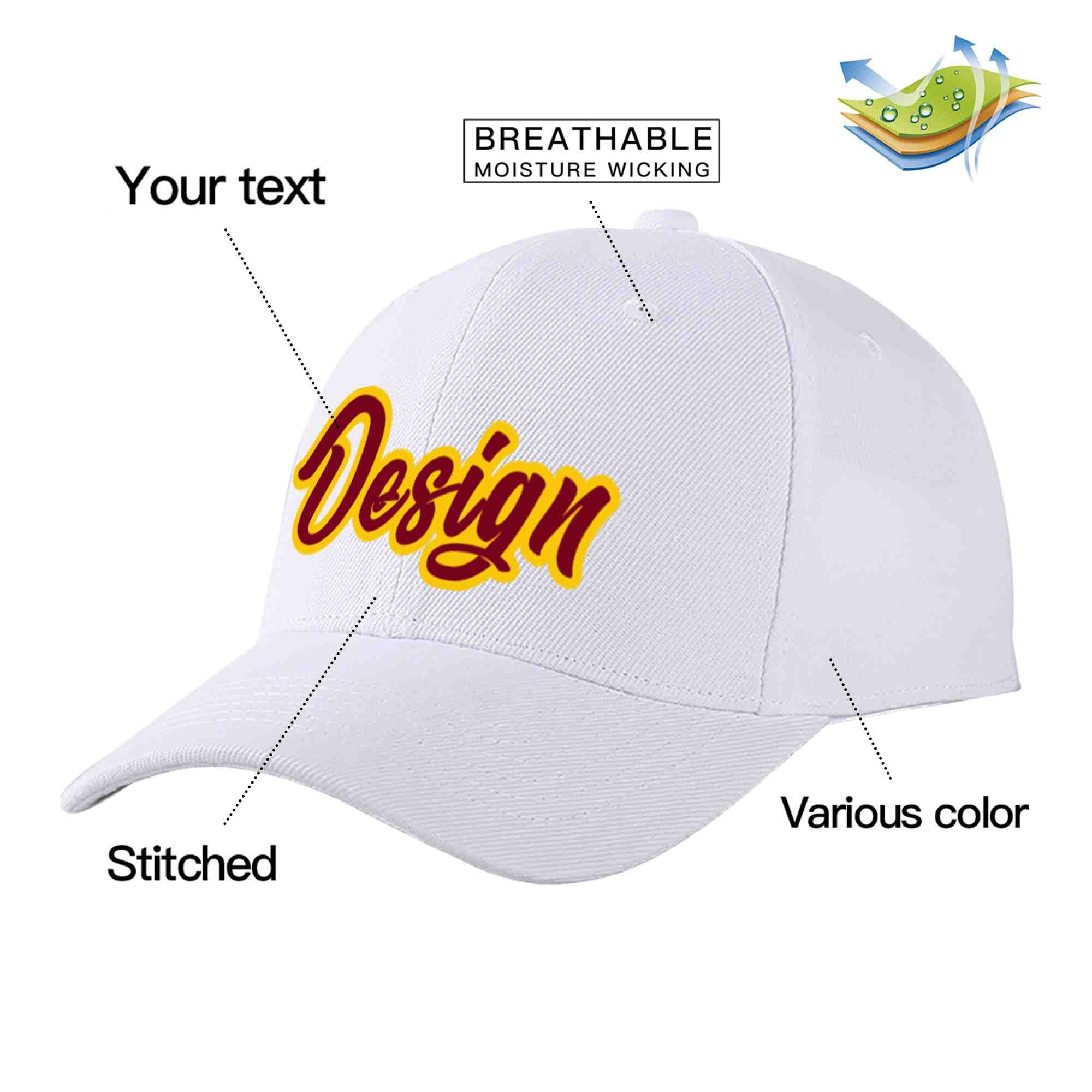 Casquette de baseball personnalisée blanche cramoisi-jaune courbée Eaves Sport Design