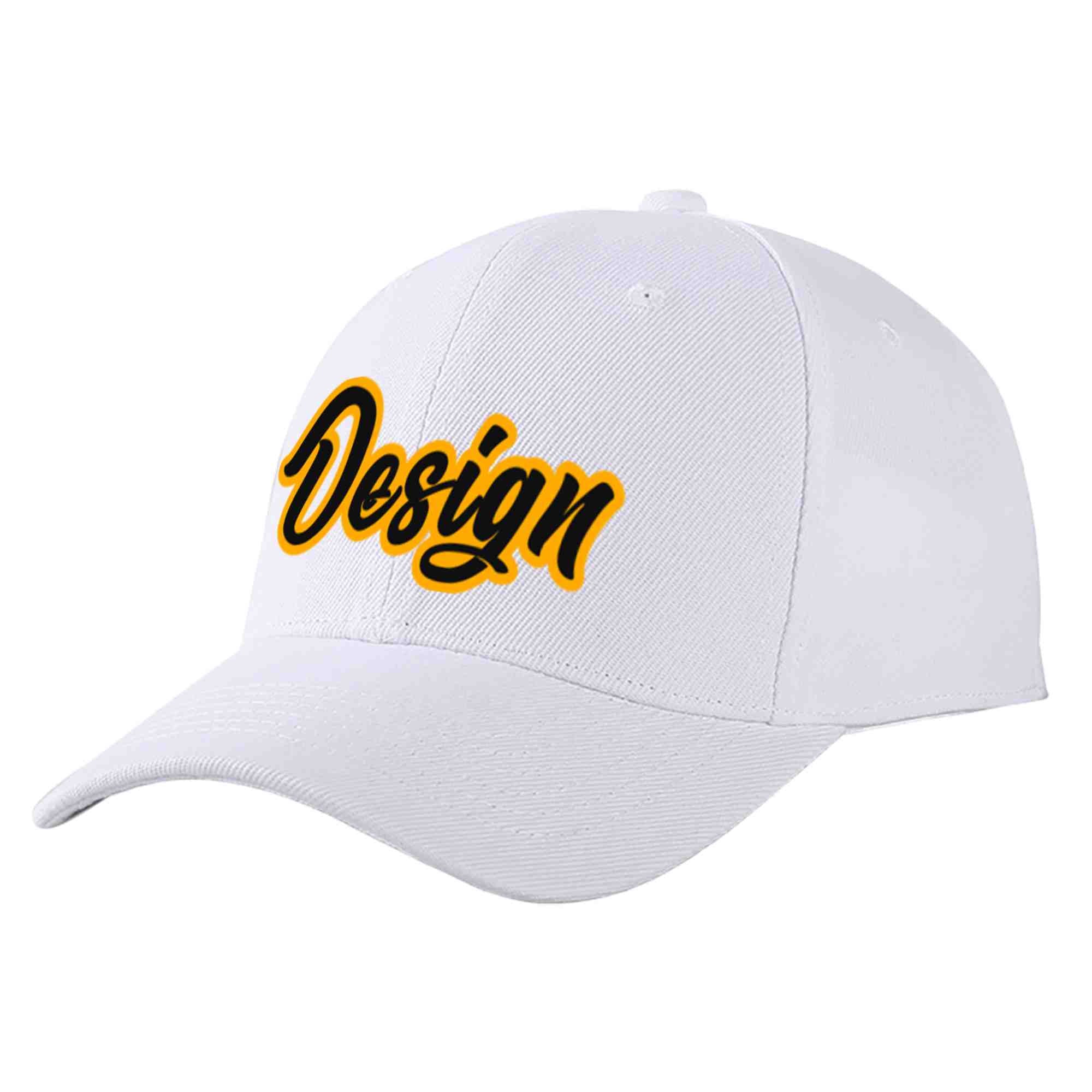 Custom White Black-Yellow Curved Eaves Sport Design Baseball Cap