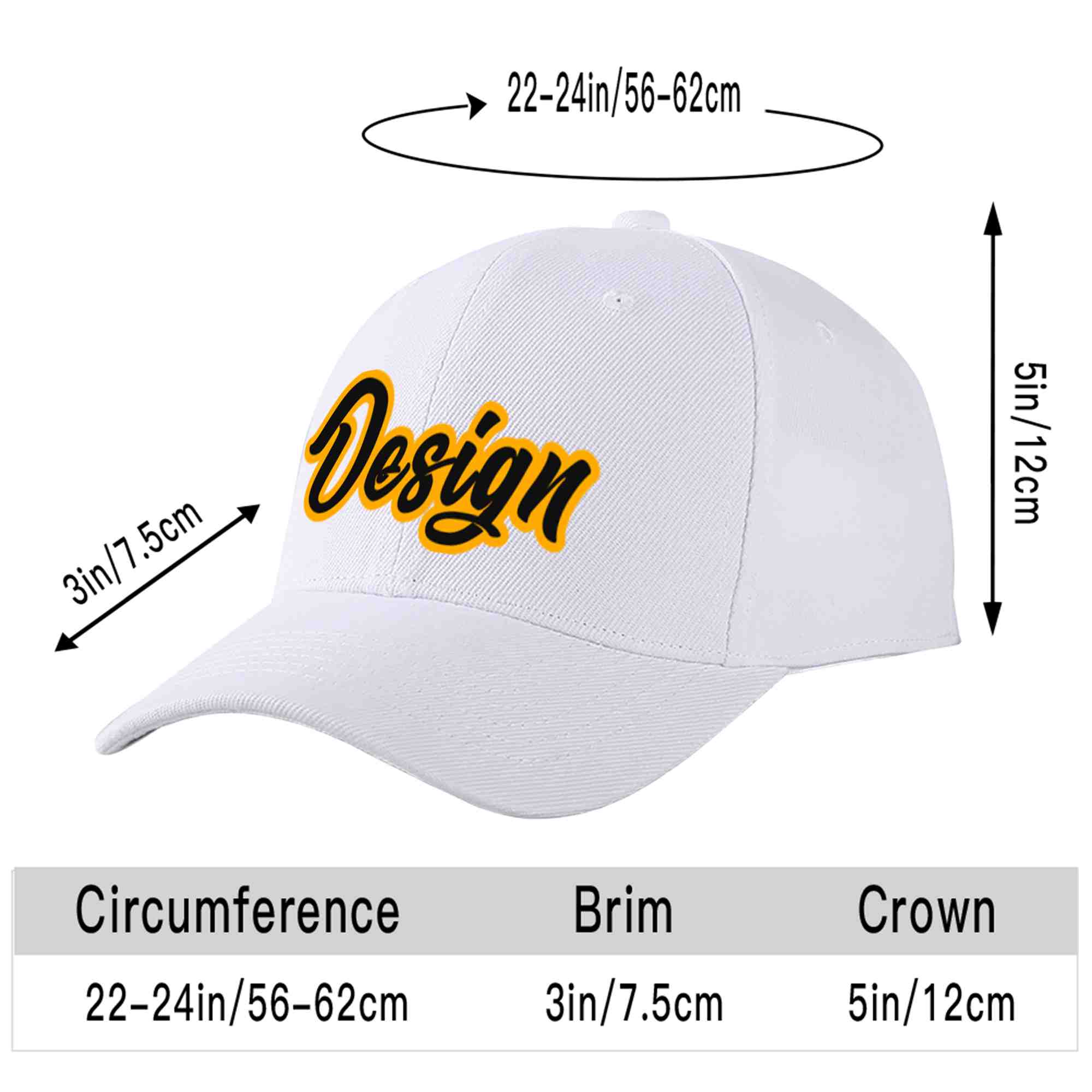 Custom White Black-Yellow Curved Eaves Sport Design Baseball Cap