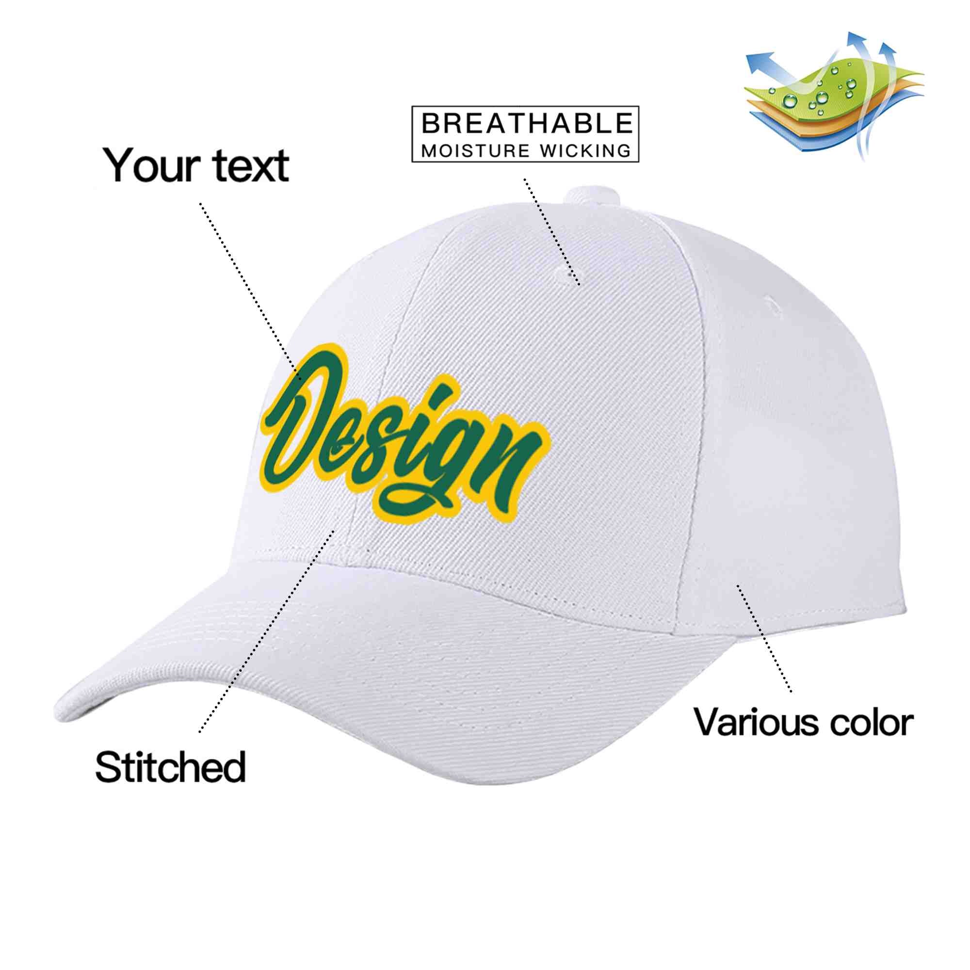 Casquette de baseball personnalisée blanche Kelly vert-jaune courbée Eaves Sport Design