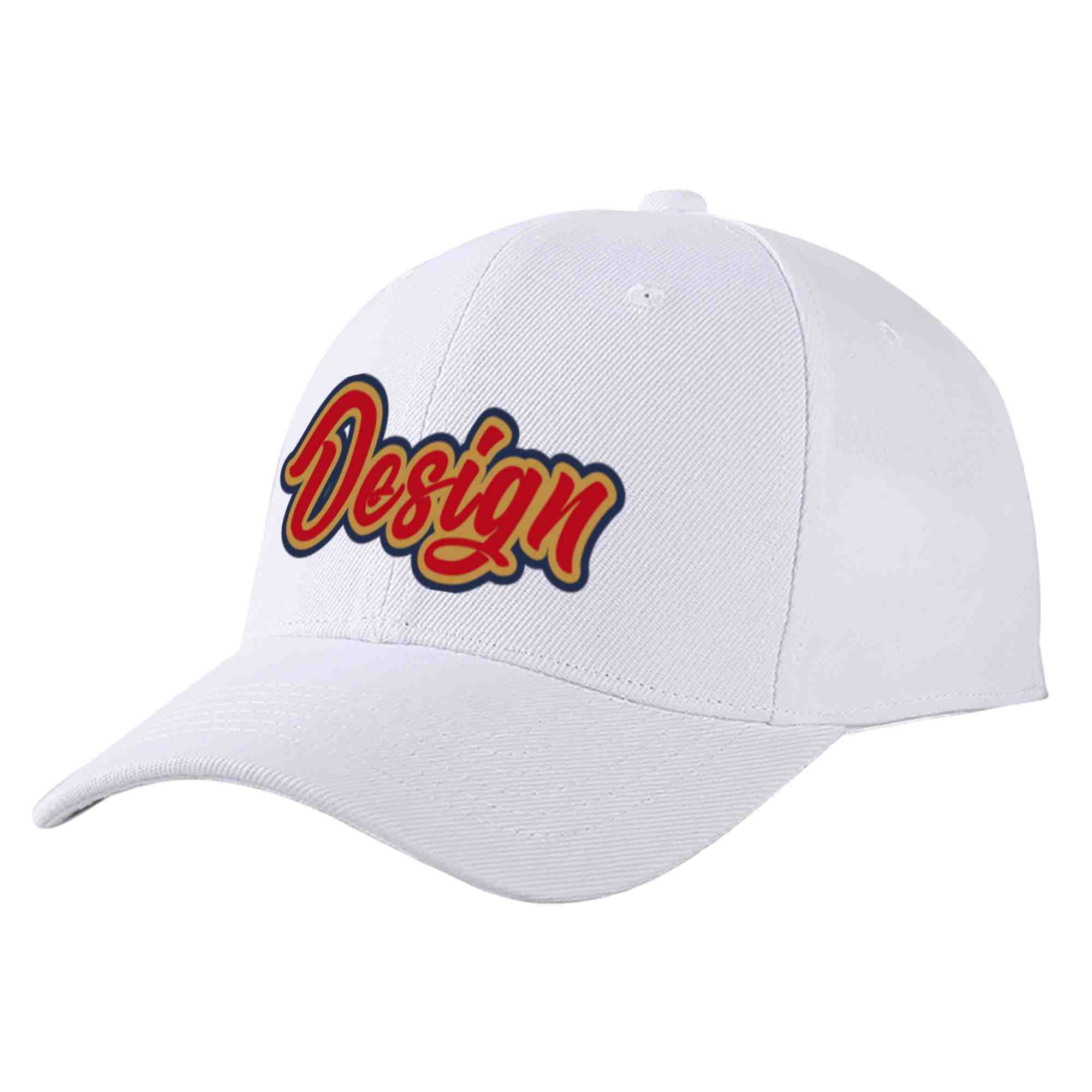 Custom White Red-Old Gold Curved Eaves Sport Design Baseball Cap