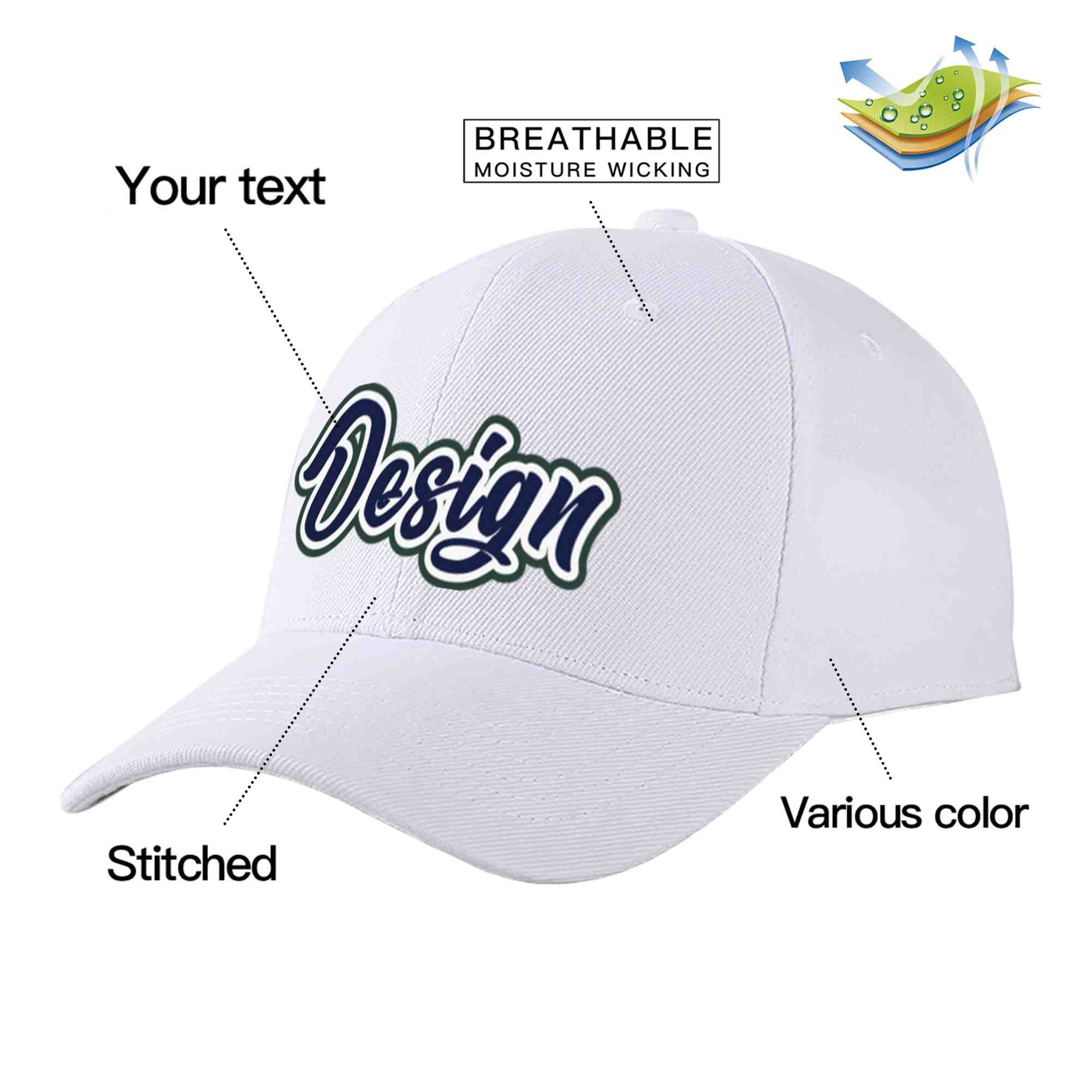 Casquette de baseball personnalisée blanche marine-blanche incurvée Eaves Sport Design