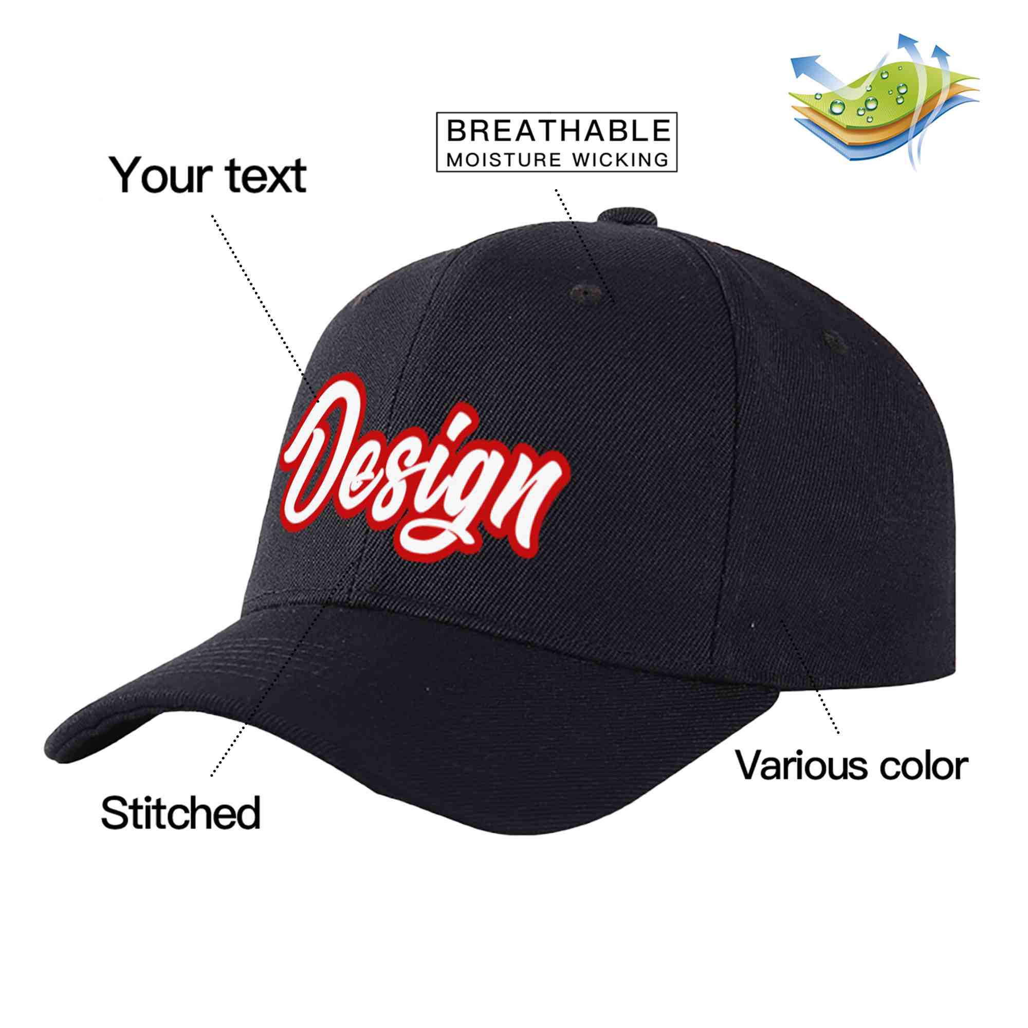 Casquette de baseball personnalisée noire, blanche et rouge, design sportif, avec avant-toit incurvé