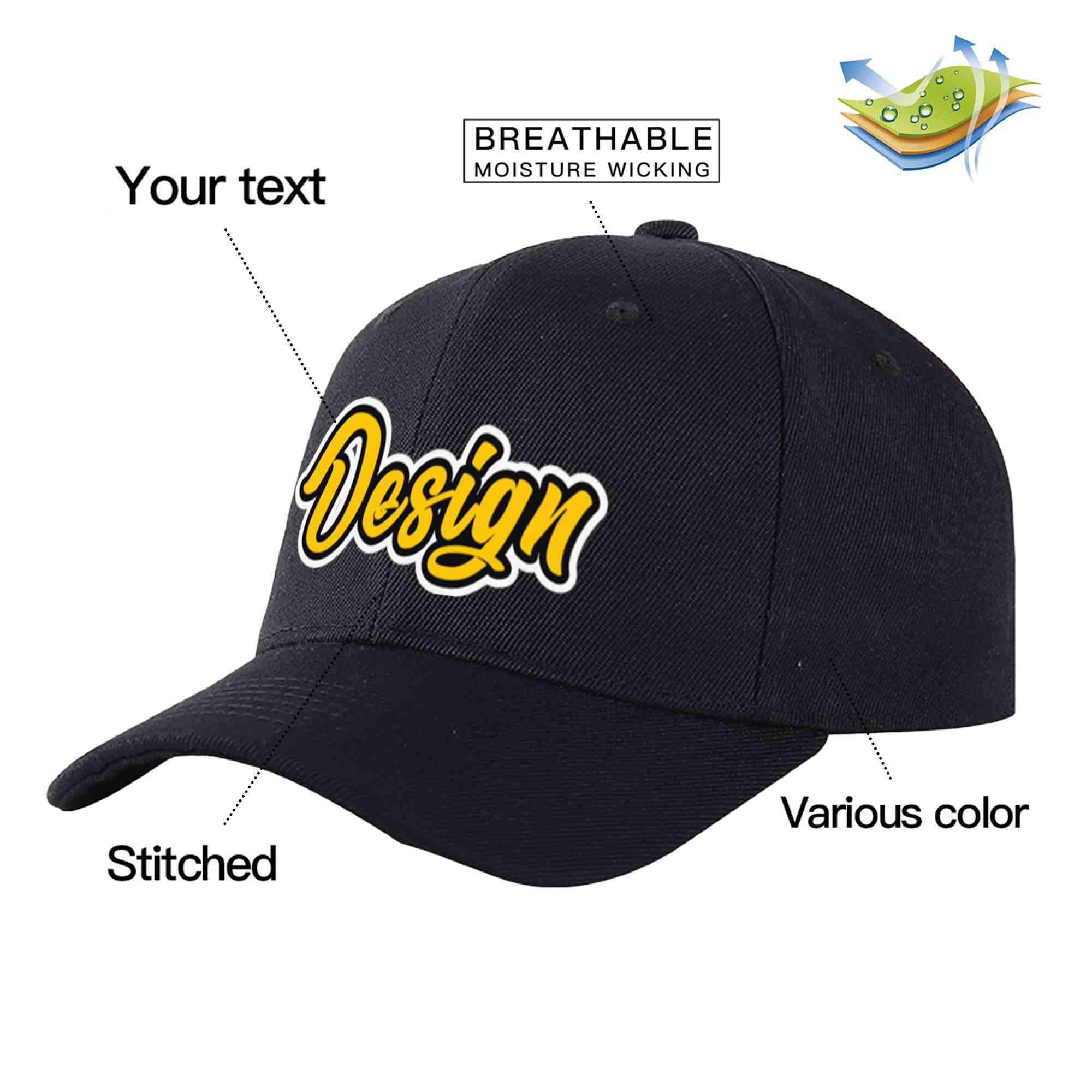 Custom Black Gold-Black Curved Eaves Sport Design Baseball Cap