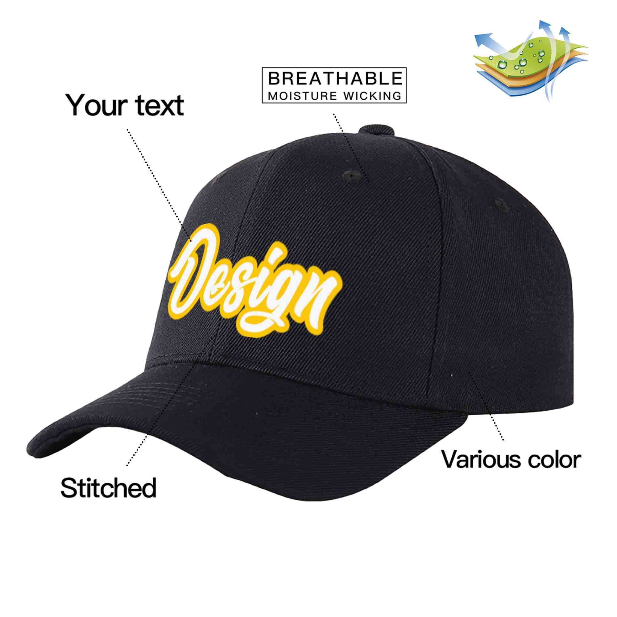 Custom Black White-Gold Curved Eaves Sport Design Baseball Cap