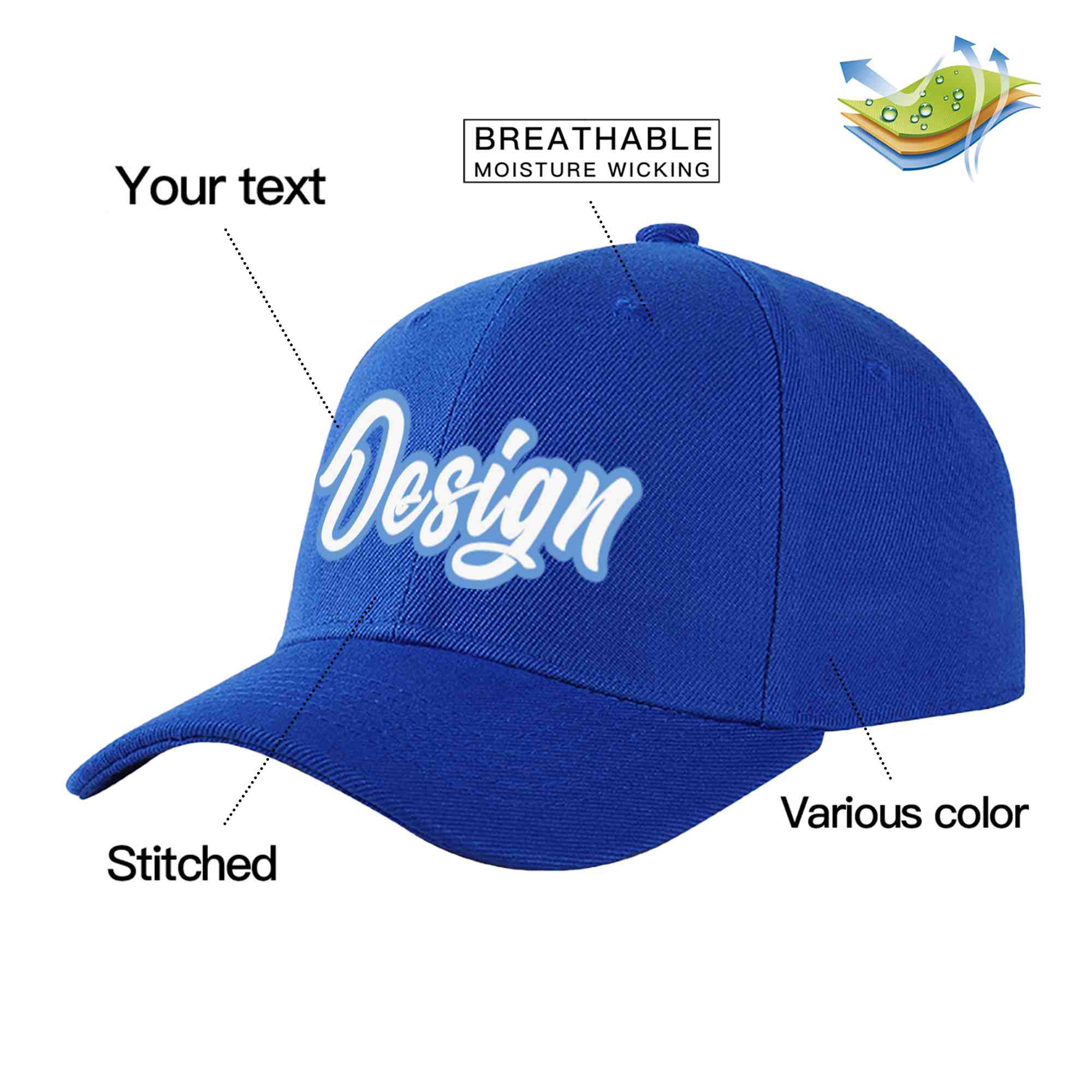 Casquette de baseball personnalisée Royal White-Light Blue Curved Eaves Sport Design