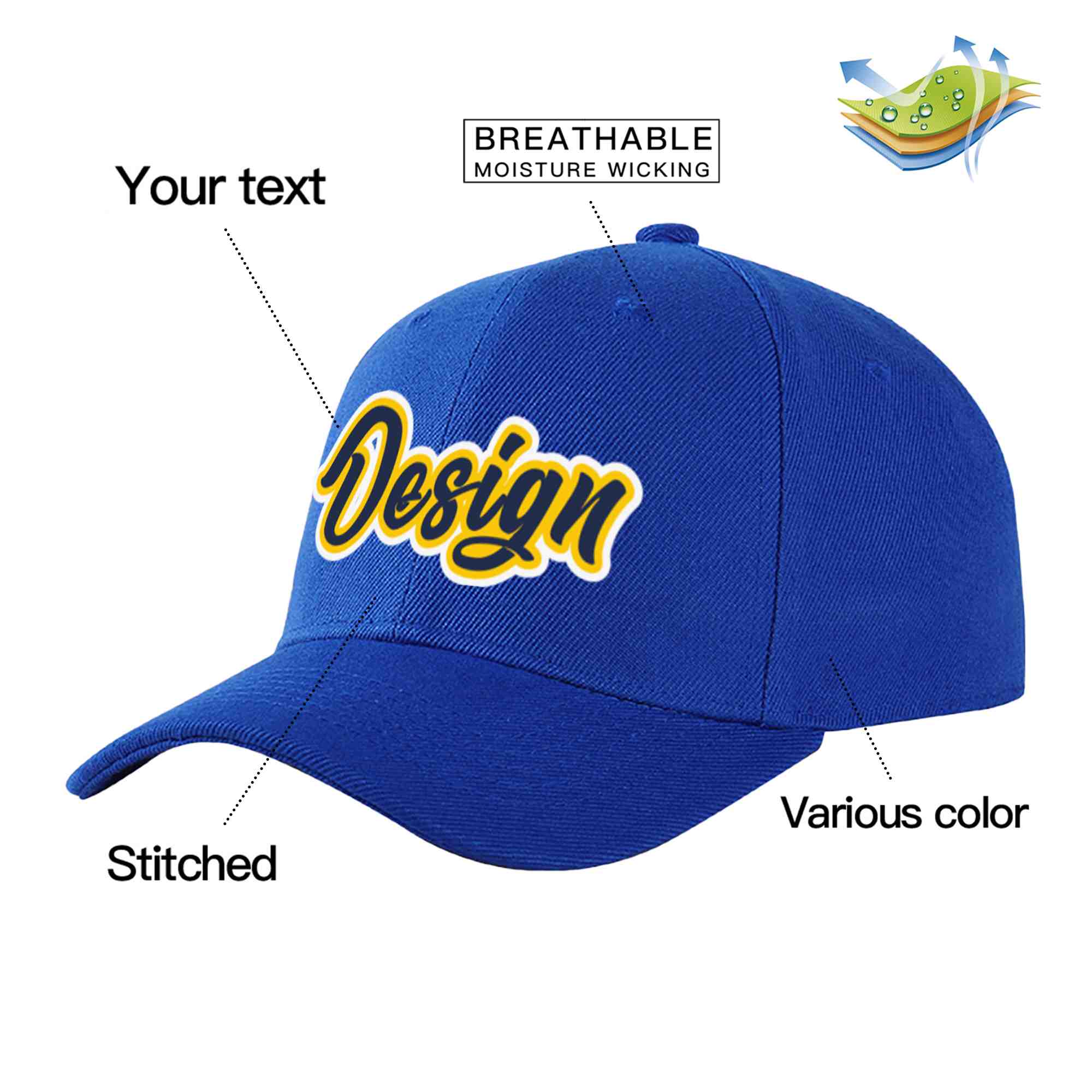 Casquette de baseball courbée personnalisée Royal Navy-jaune Eaves Sport Design