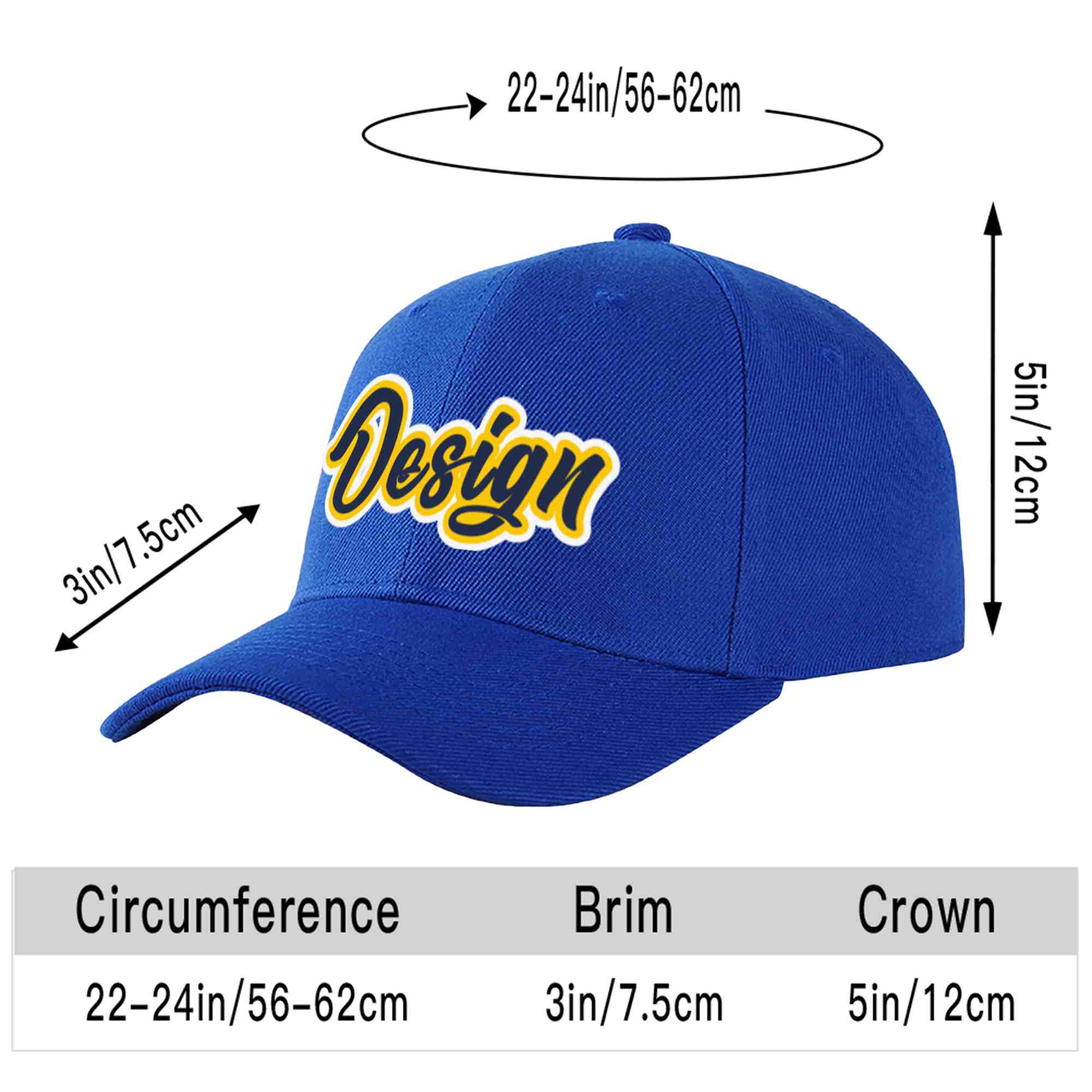 Custom Royal Navy-Yellow Curved Eaves Sport Design Baseball Cap