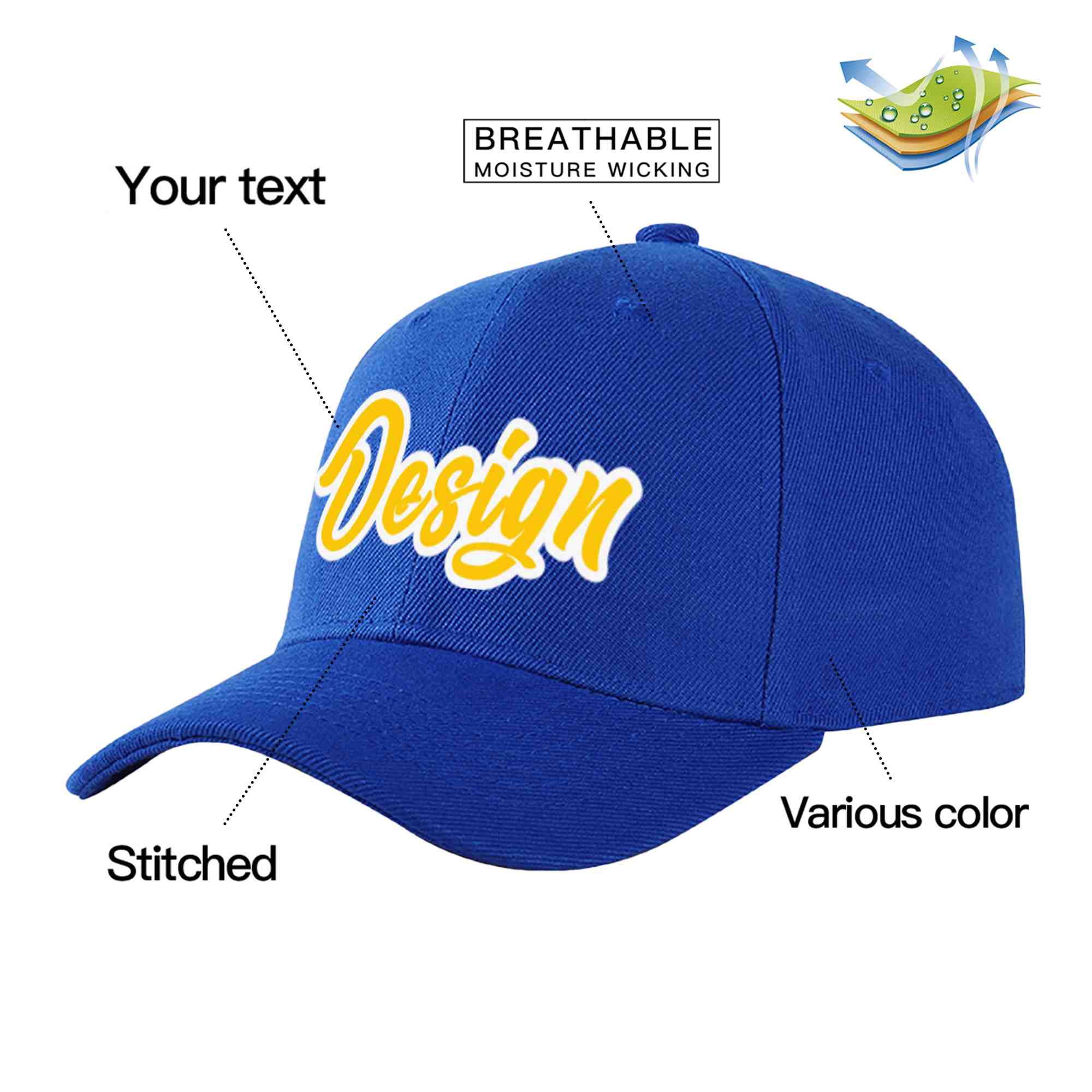 Casquette de baseball personnalisée Royal Yellow-White Curved Eaves Sport Design