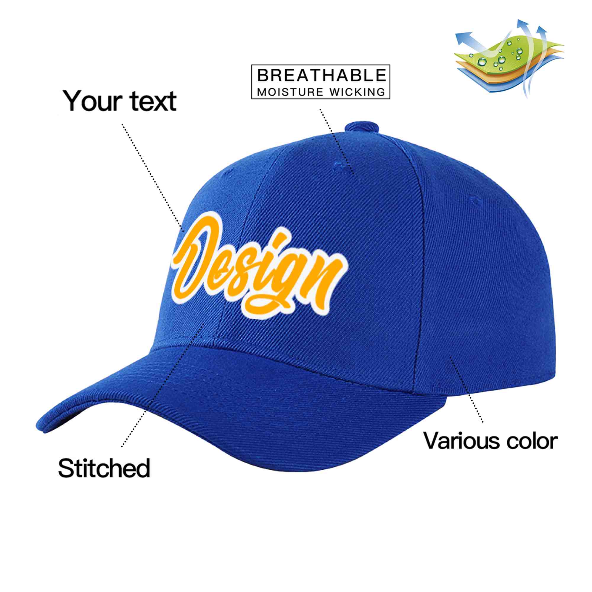 Custom Royal Yellow-White Curved Eaves Sport Design Baseball Cap