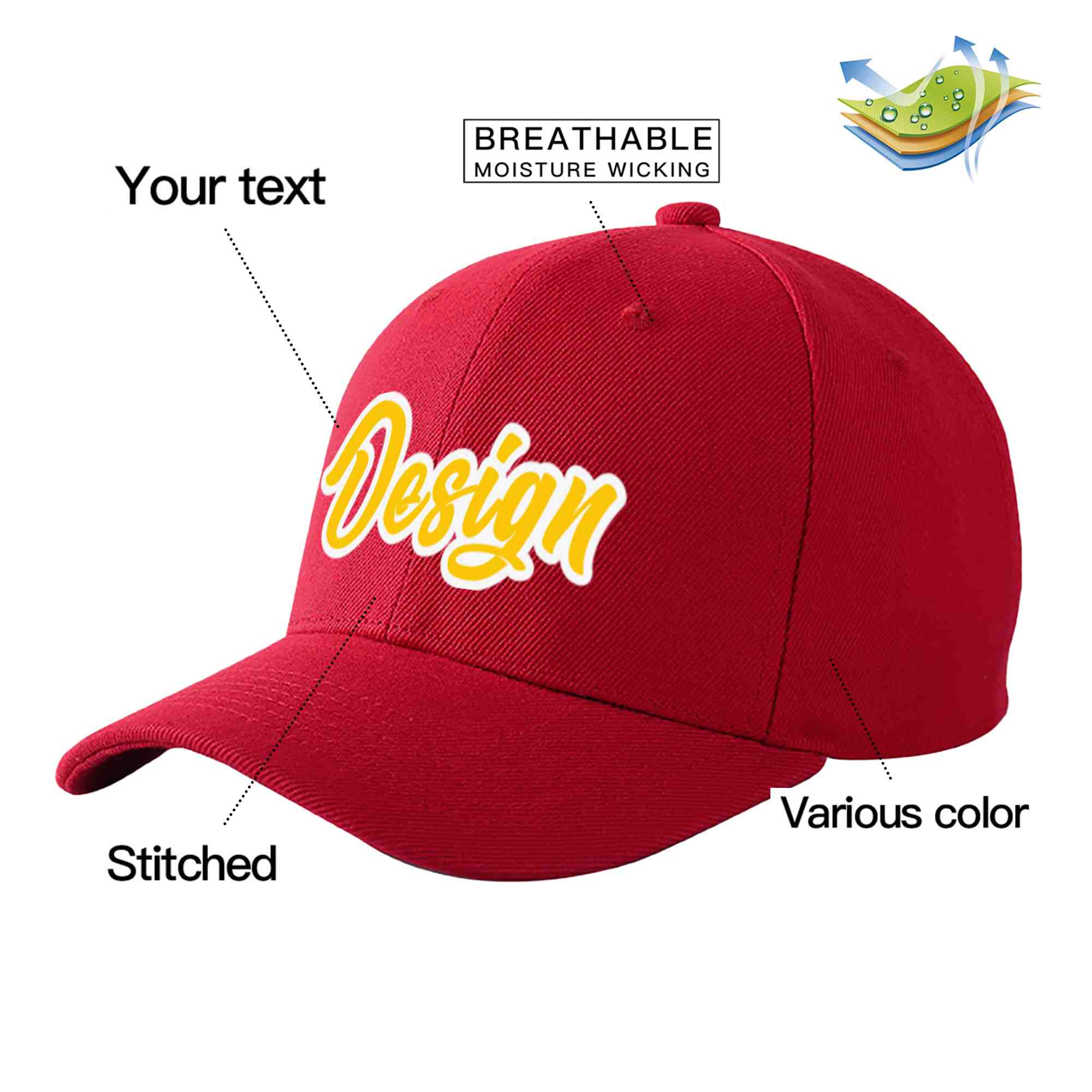 Casquette de baseball personnalisée avec avant-toit incurvé rouge, or et blanc, design sportif