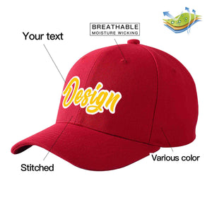 Casquette de baseball personnalisée avec avant-toit incurvé rouge, or et blanc, design sportif