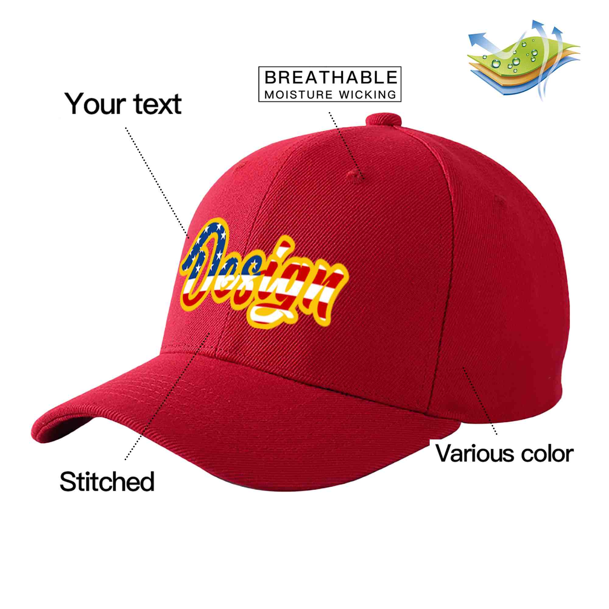 Casquette de baseball personnalisée avec drapeau américain vintage rouge et or avec avant-toit incurvé et design sportif