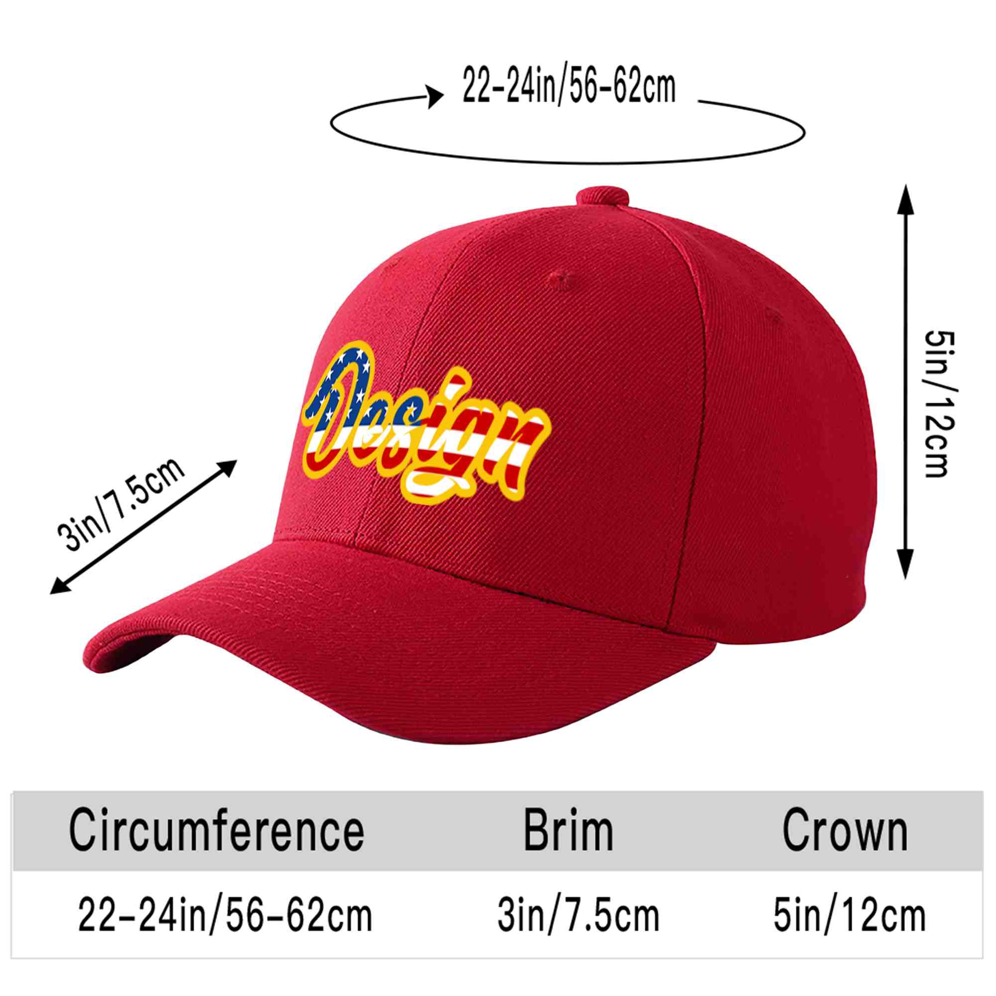 Casquette de baseball personnalisée avec drapeau américain vintage rouge et or avec avant-toit incurvé et design sportif