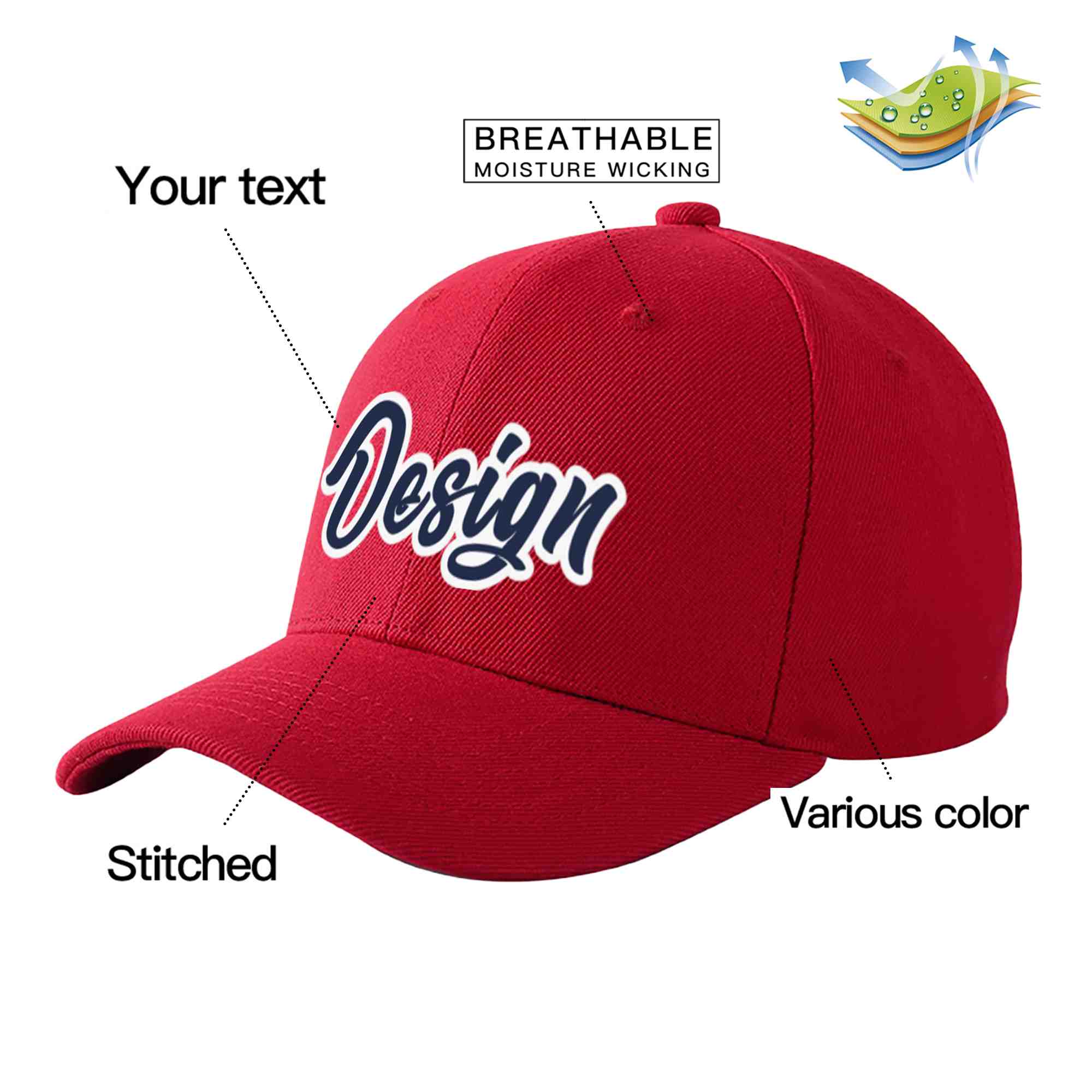 Casquette de baseball personnalisée rouge marine-blanc avec avant-toit incurvé