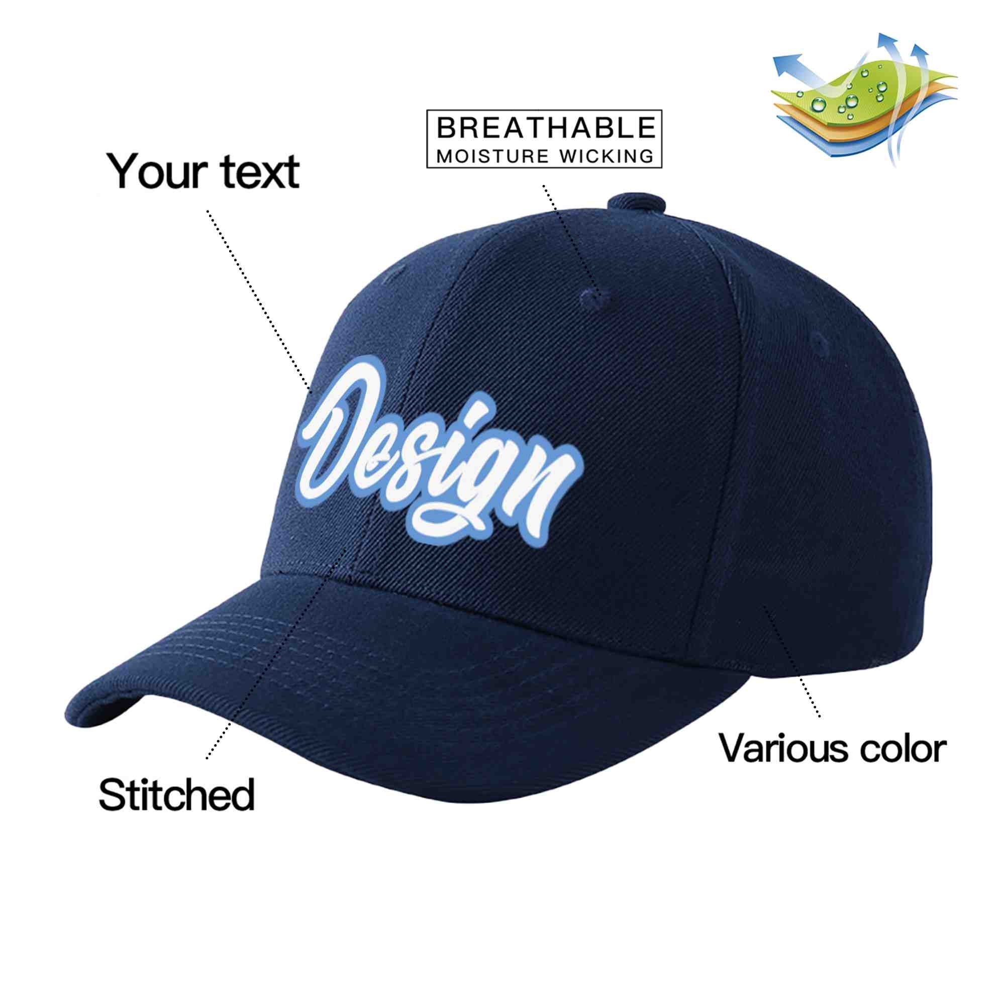 Custom Navy White-Light Blue Curved Eaves Sport Design Baseball Cap