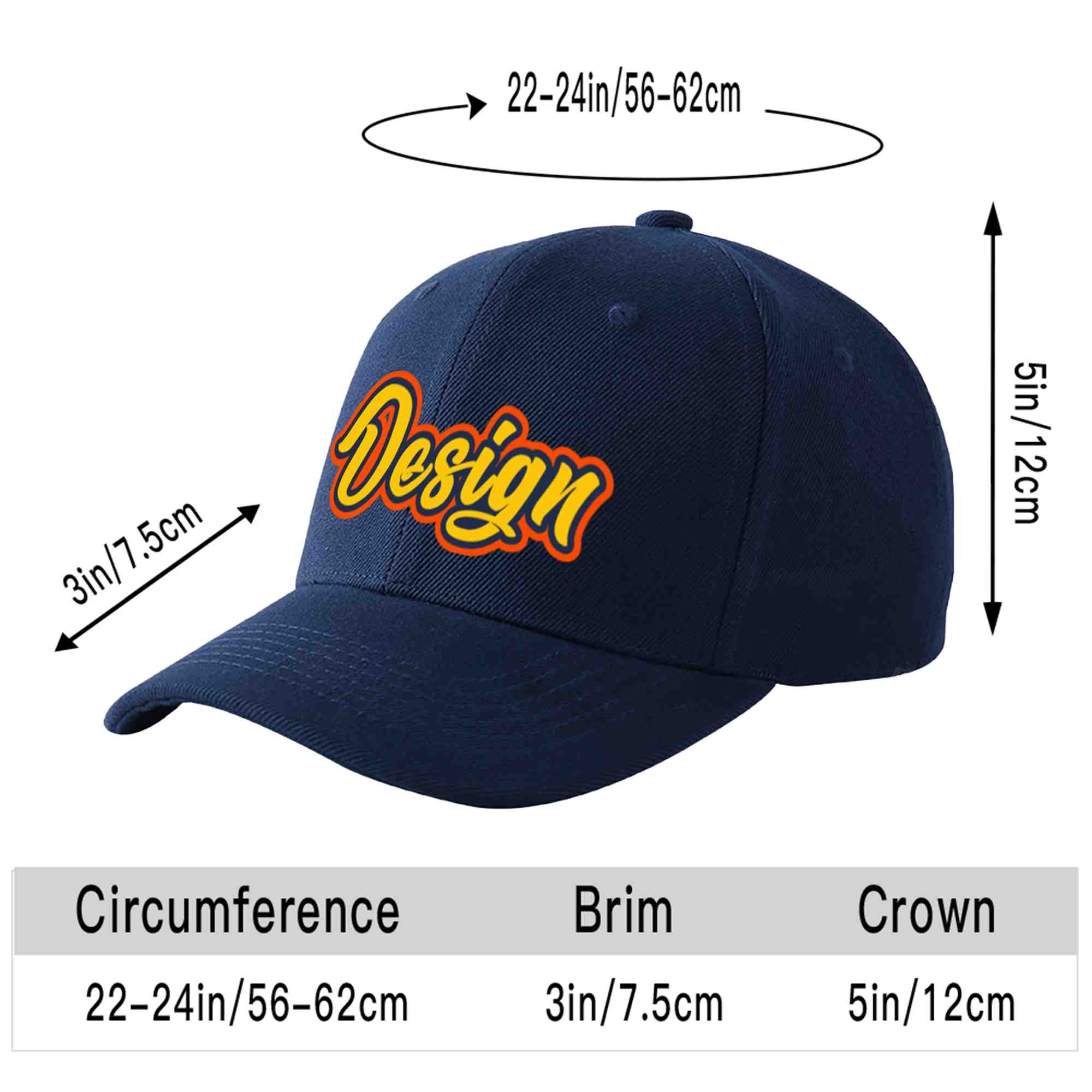 Casquette de baseball courbée personnalisée avec avant-toit et design sportif, bleu marine, or-marine