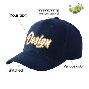 Casquette de baseball personnalisée bleu marine-vieil or incurvée avec avant-toit et design sportif