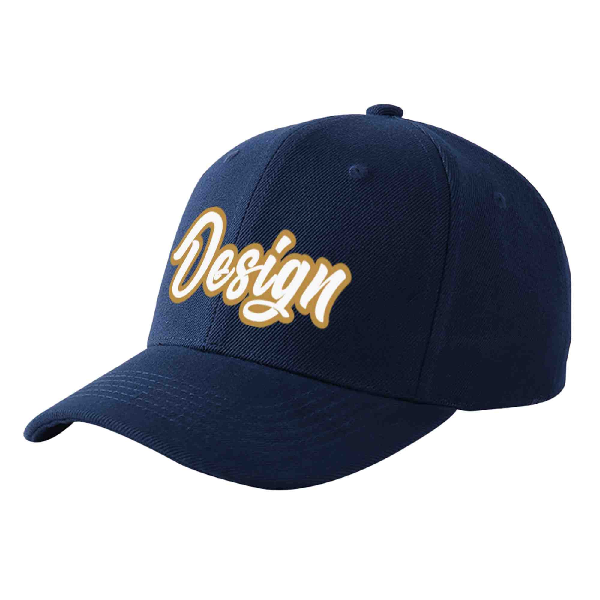 Custom Navy White-Old Gold Curved Eaves Sport Design Baseball Cap