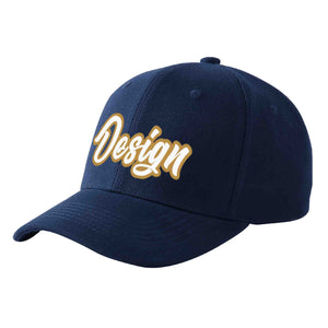 Casquette de baseball personnalisée bleu marine-vieil or incurvée avec avant-toit et design sportif