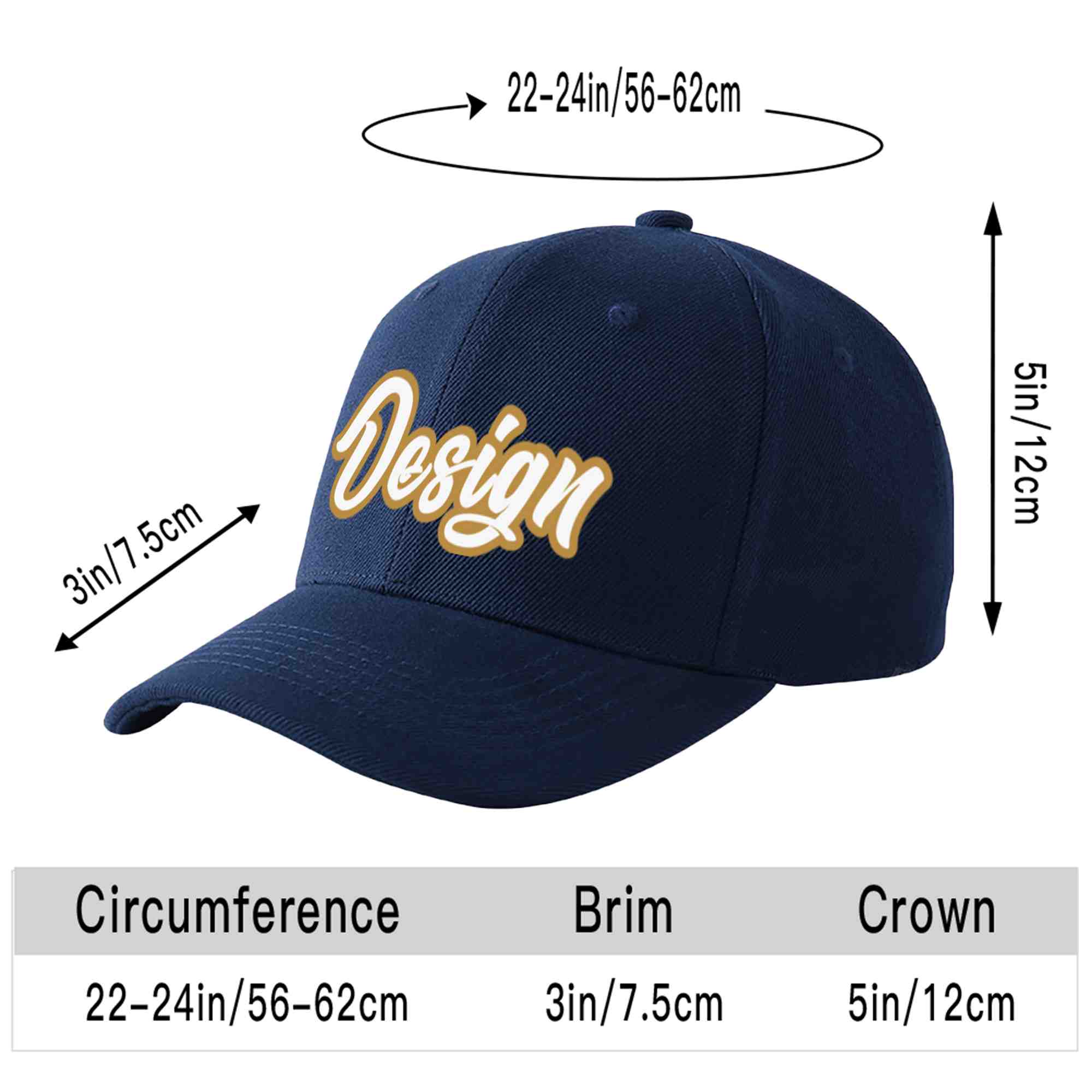 Custom Navy White-Old Gold Curved Eaves Sport Design Baseball Cap