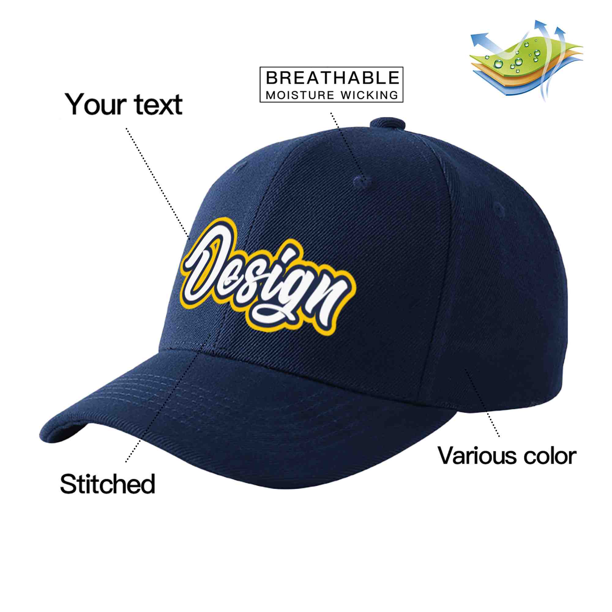 Custom Navy White-Navy Curved Eaves Sport Design Baseball Cap