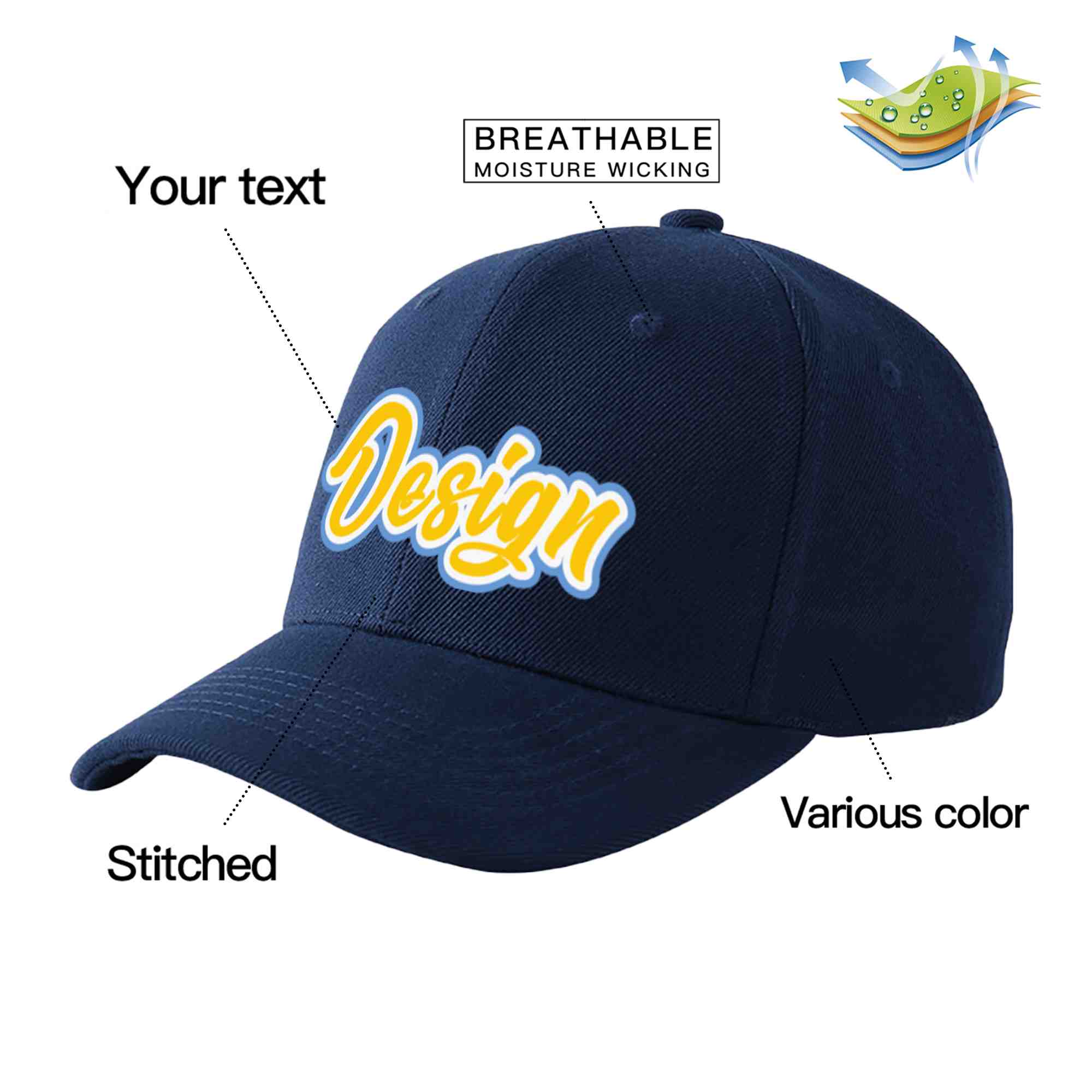 Custom Navy Gold-White Curved Eaves Sport Design Baseball Cap