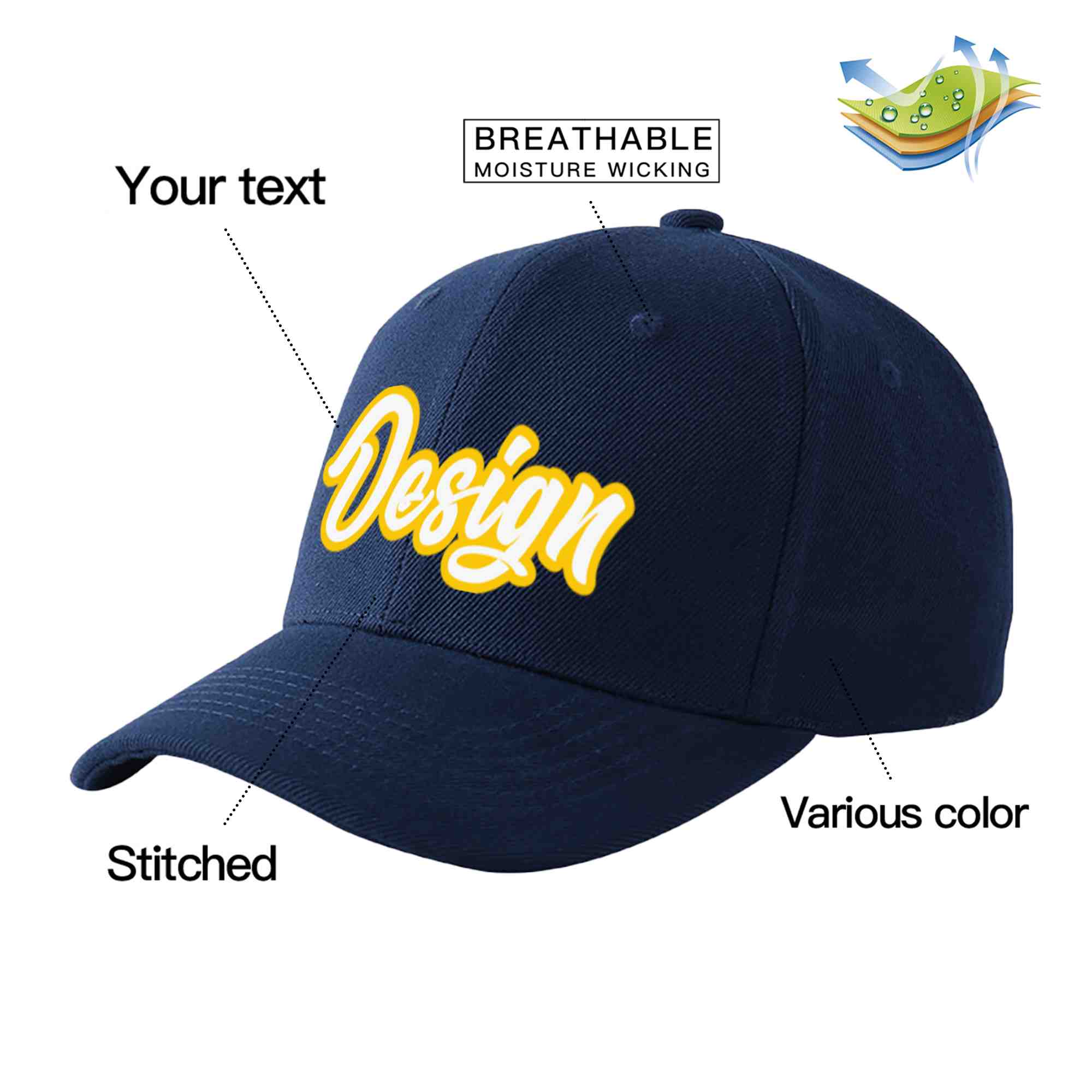 Custom Navy White-Gold Curved Eaves Sport Design Baseball Cap