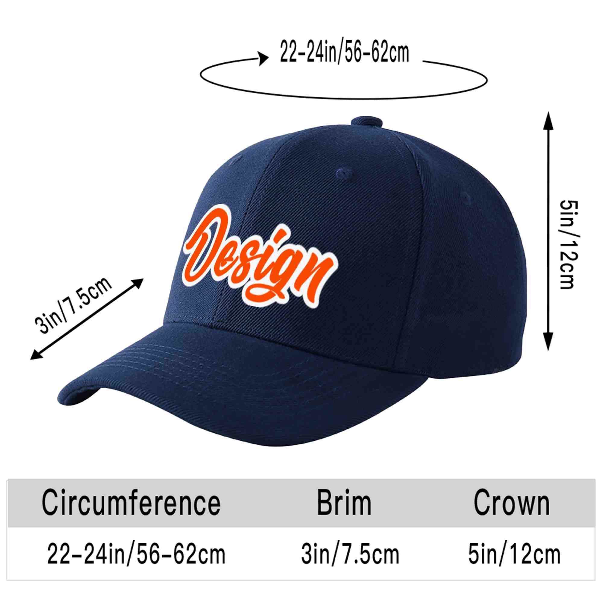 Casquette de baseball personnalisée bleu marine orange-blanc incurvée Eaves Sport Design