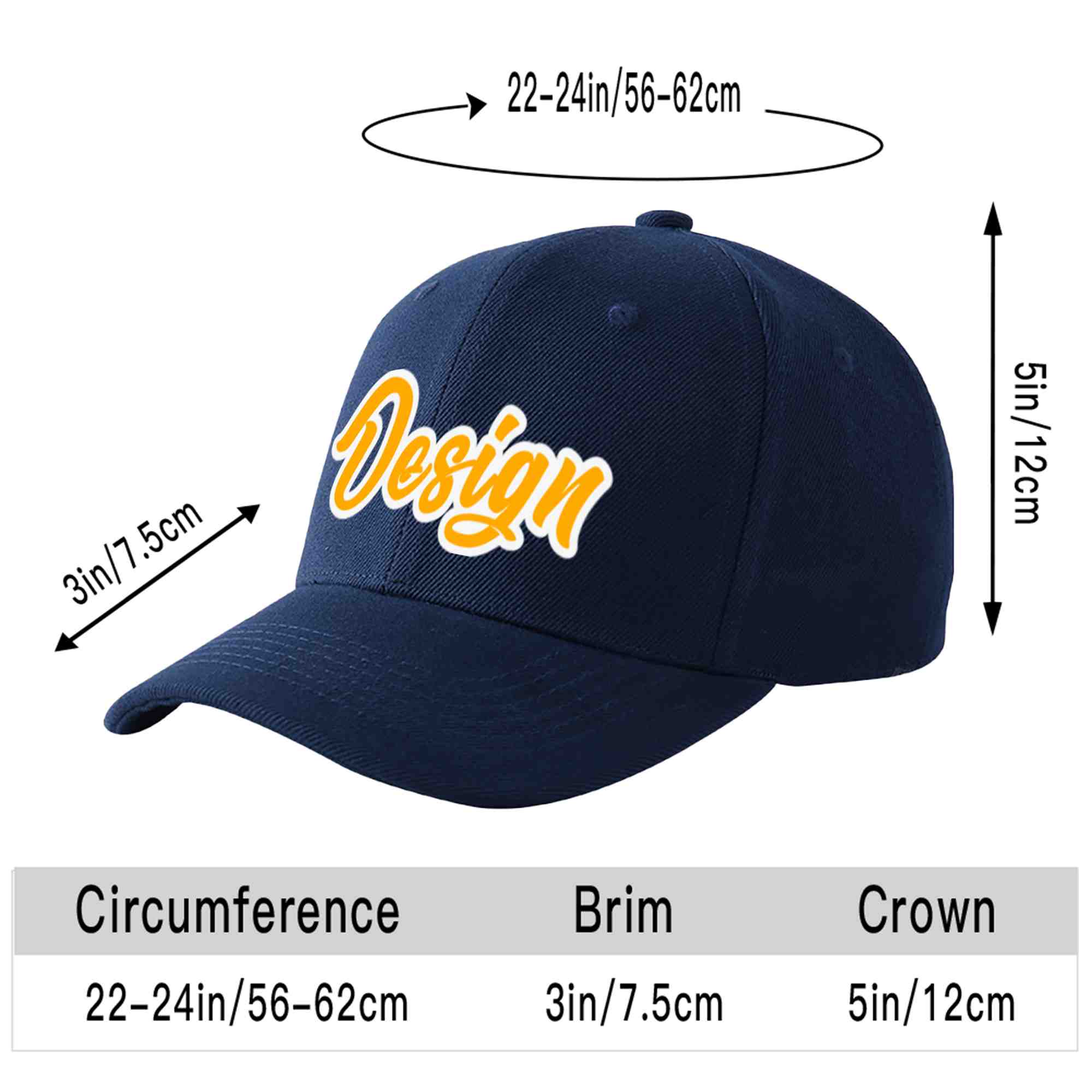 Custom Navy Yellow-White Curved Eaves Sport Design Baseball Cap