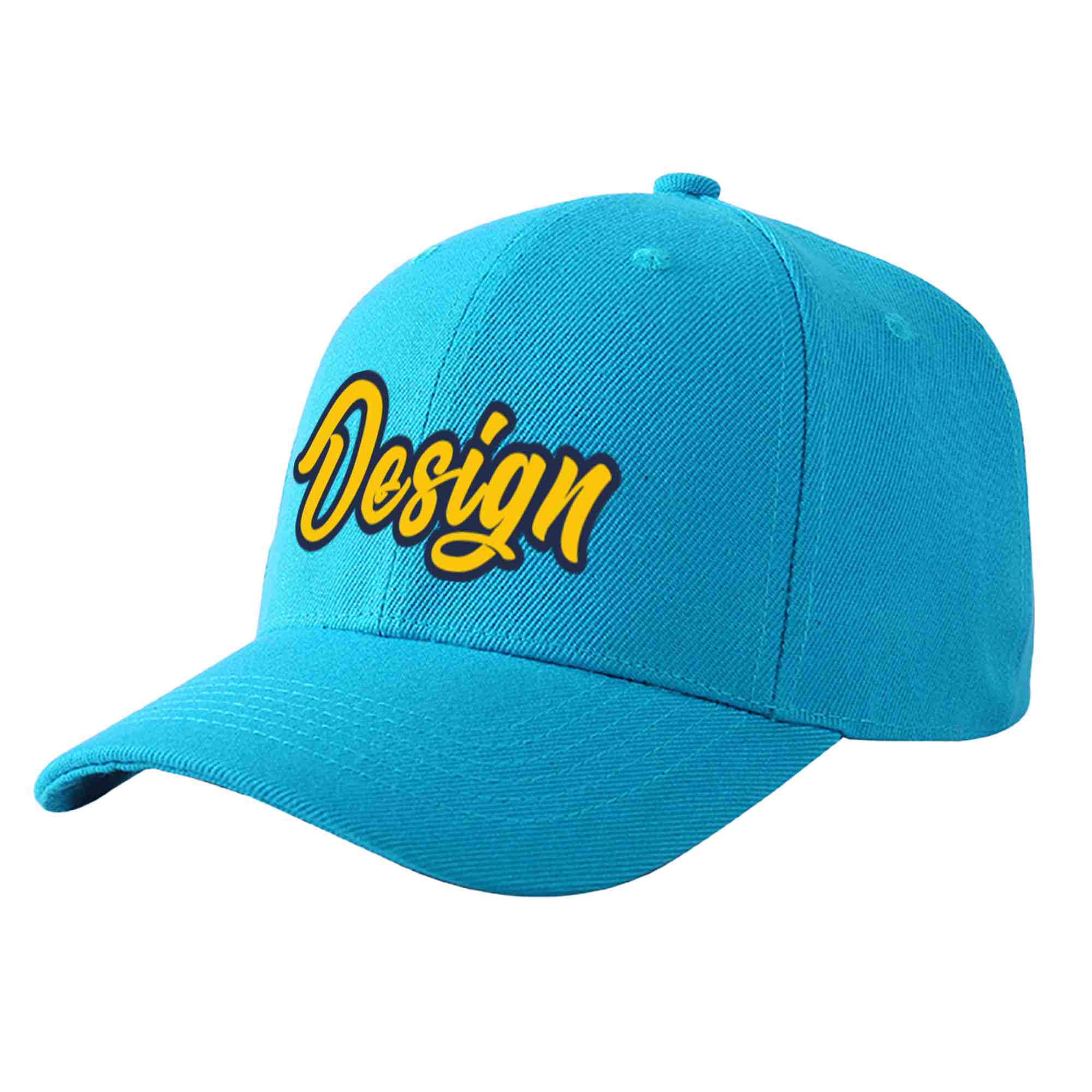 Custom Aqua Gold-Navy Curved Eaves Sport Design Baseball Cap