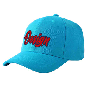 Custom Aqua Red-Navy Curved Eaves Sport Design Baseball Cap