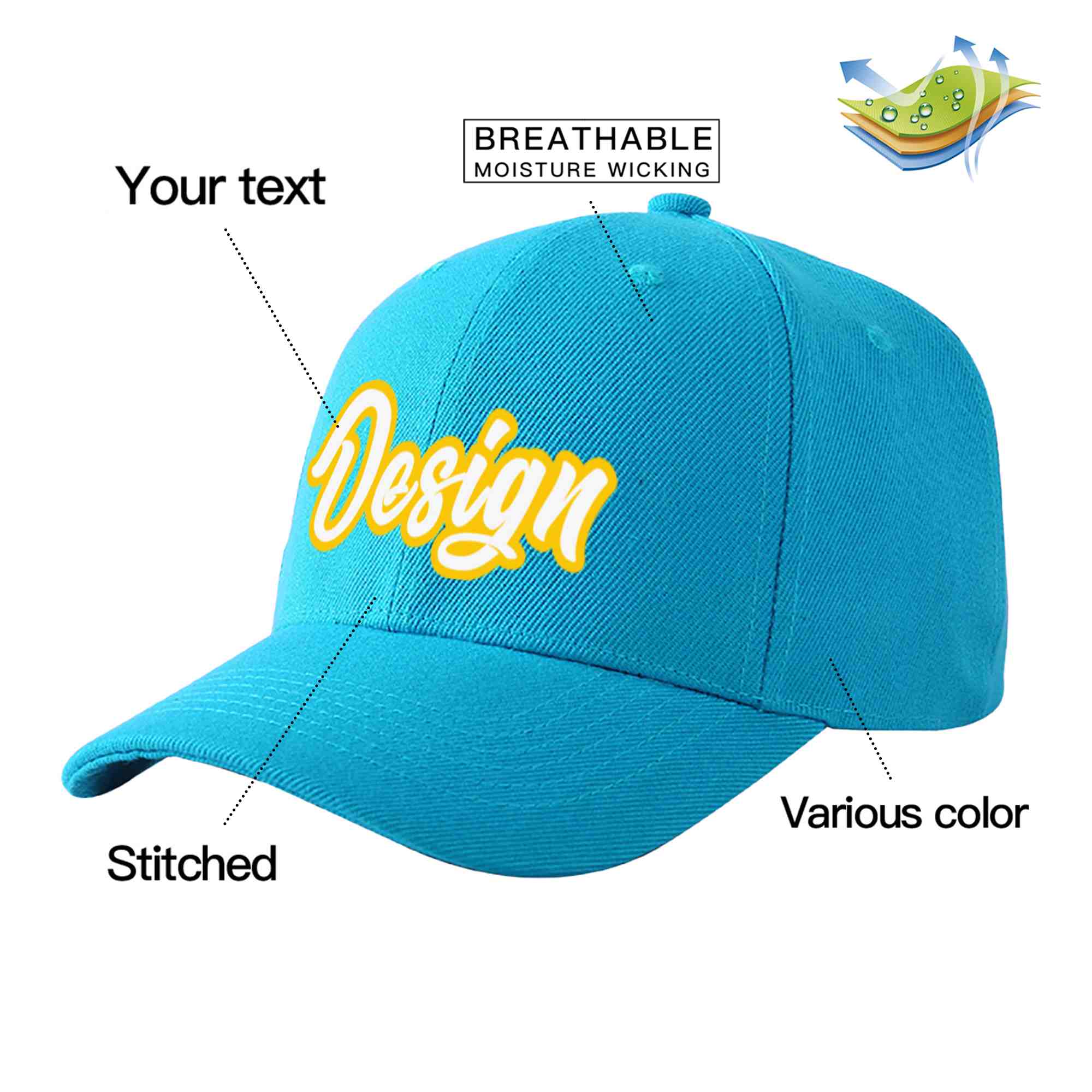 Custom Aqua White-Gold Curved Eaves Sport Design Baseball Cap