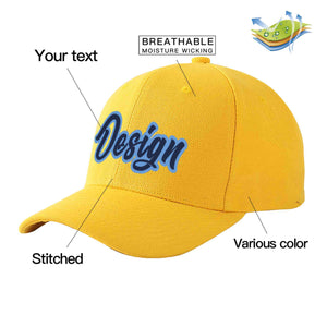 Custom Gold Navy-Light Blue Curved Eaves Sport Design Baseball Cap